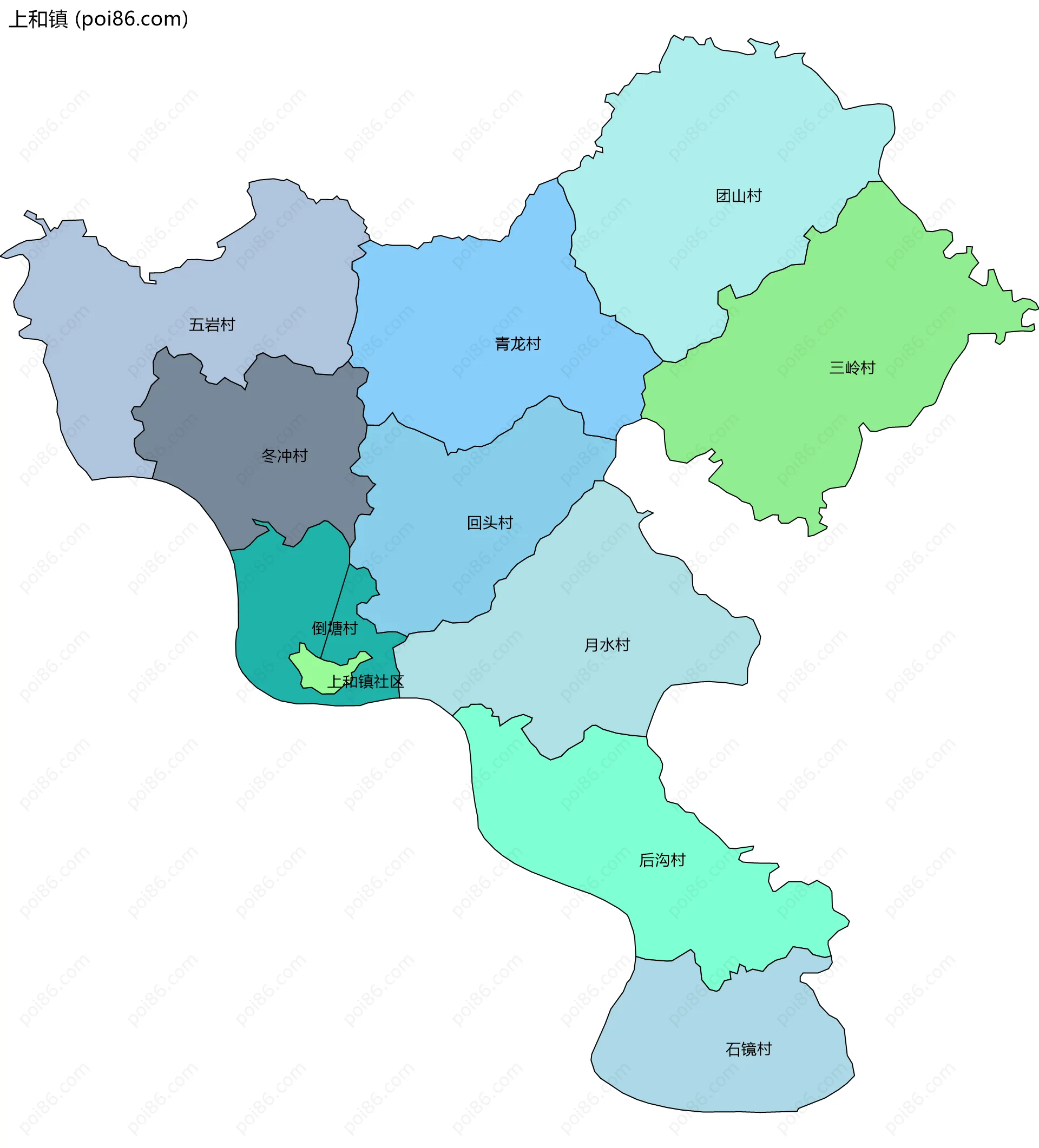 上和镇边界地图(五级行政区划)