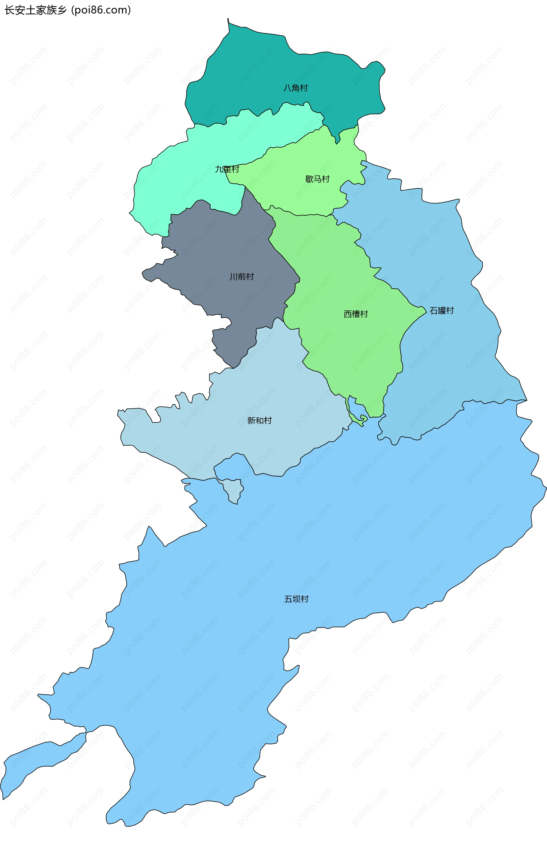 长安土家族乡边界地图(五级行政区划)