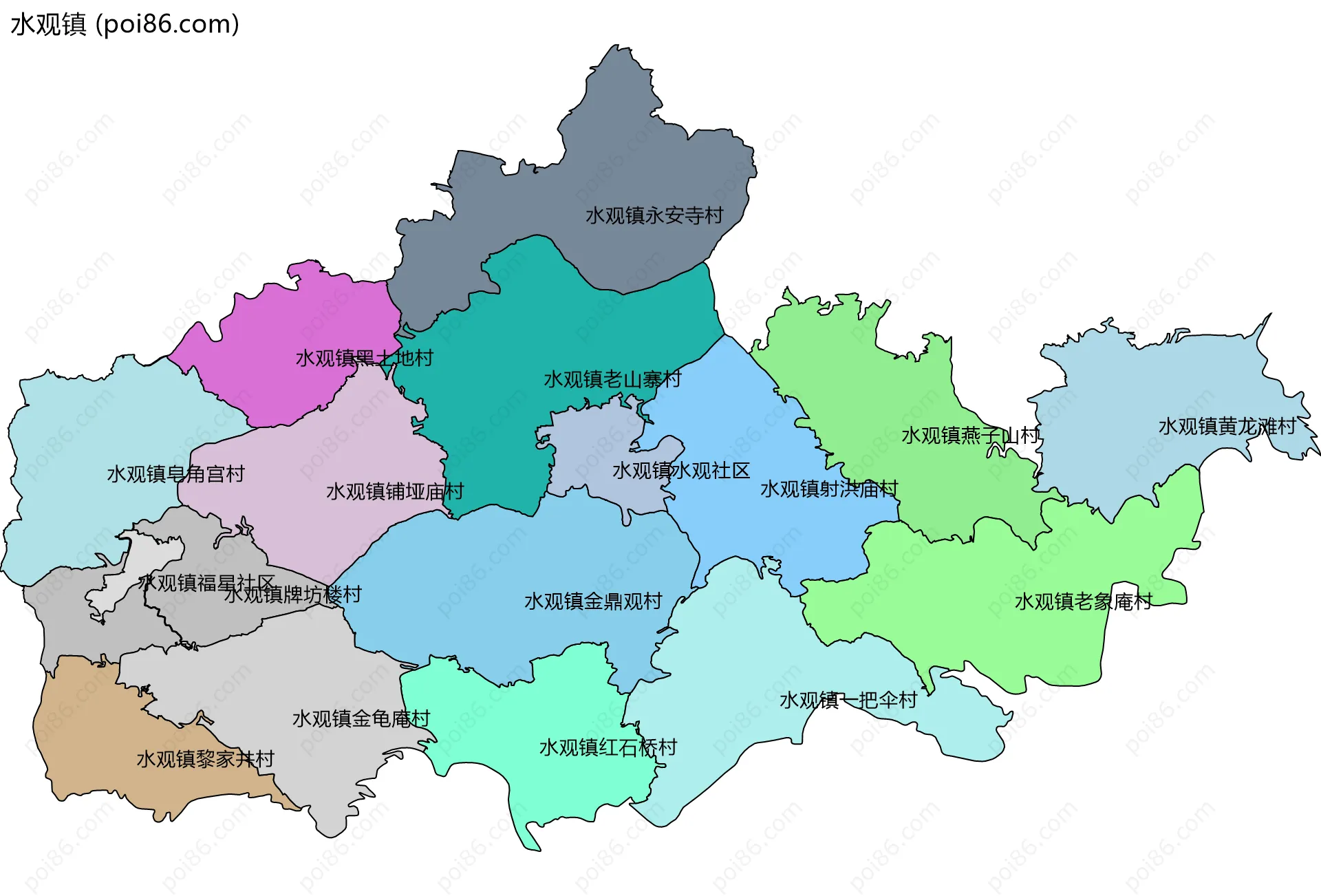 水观镇边界地图(五级行政区划)