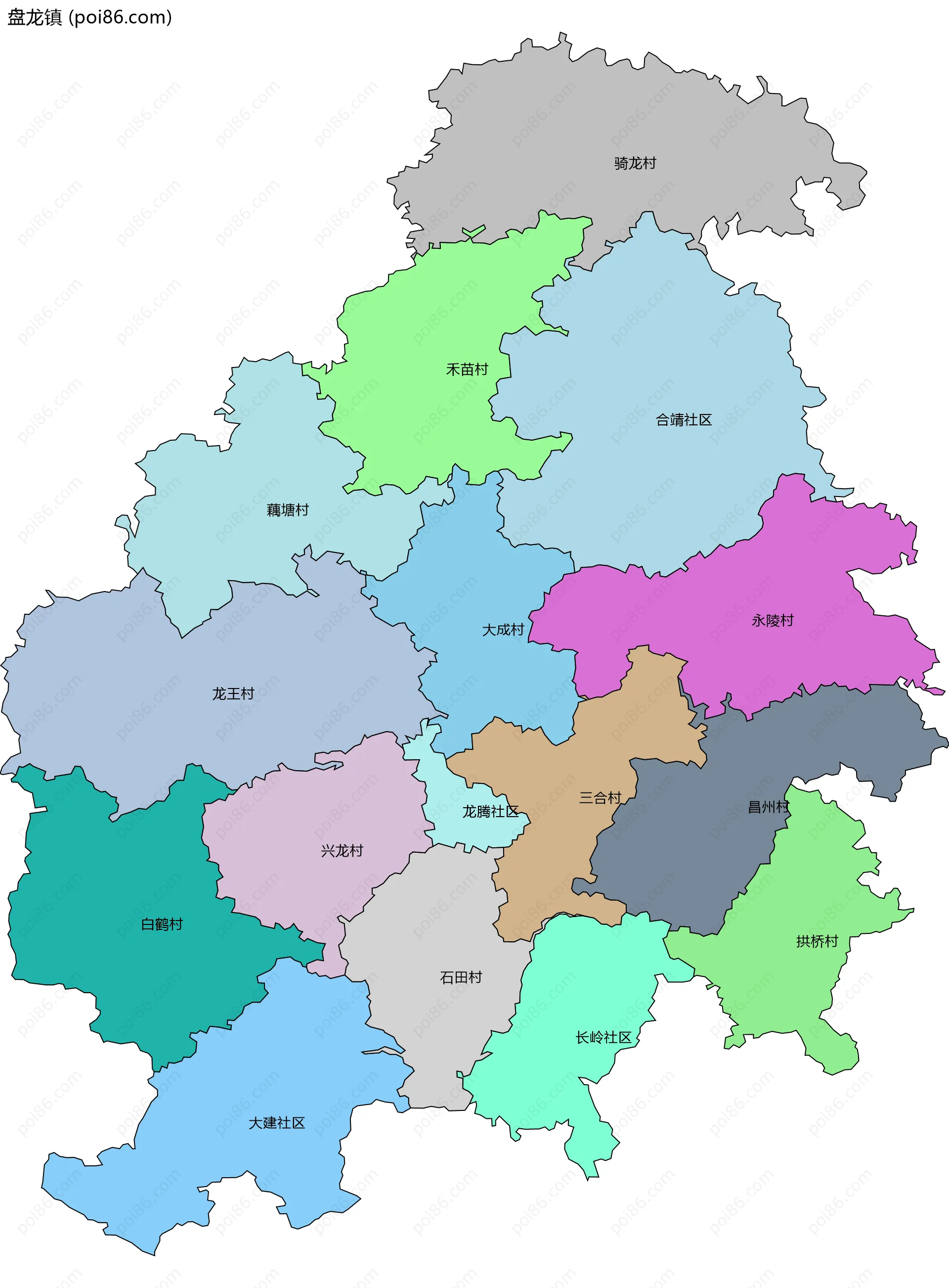 盘龙镇边界地图(五级行政区划)