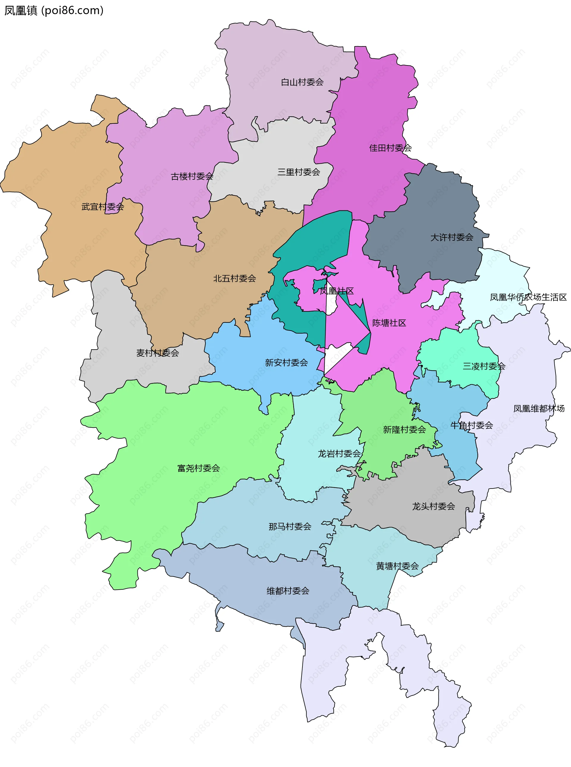 凤凰镇边界地图(五级行政区划)