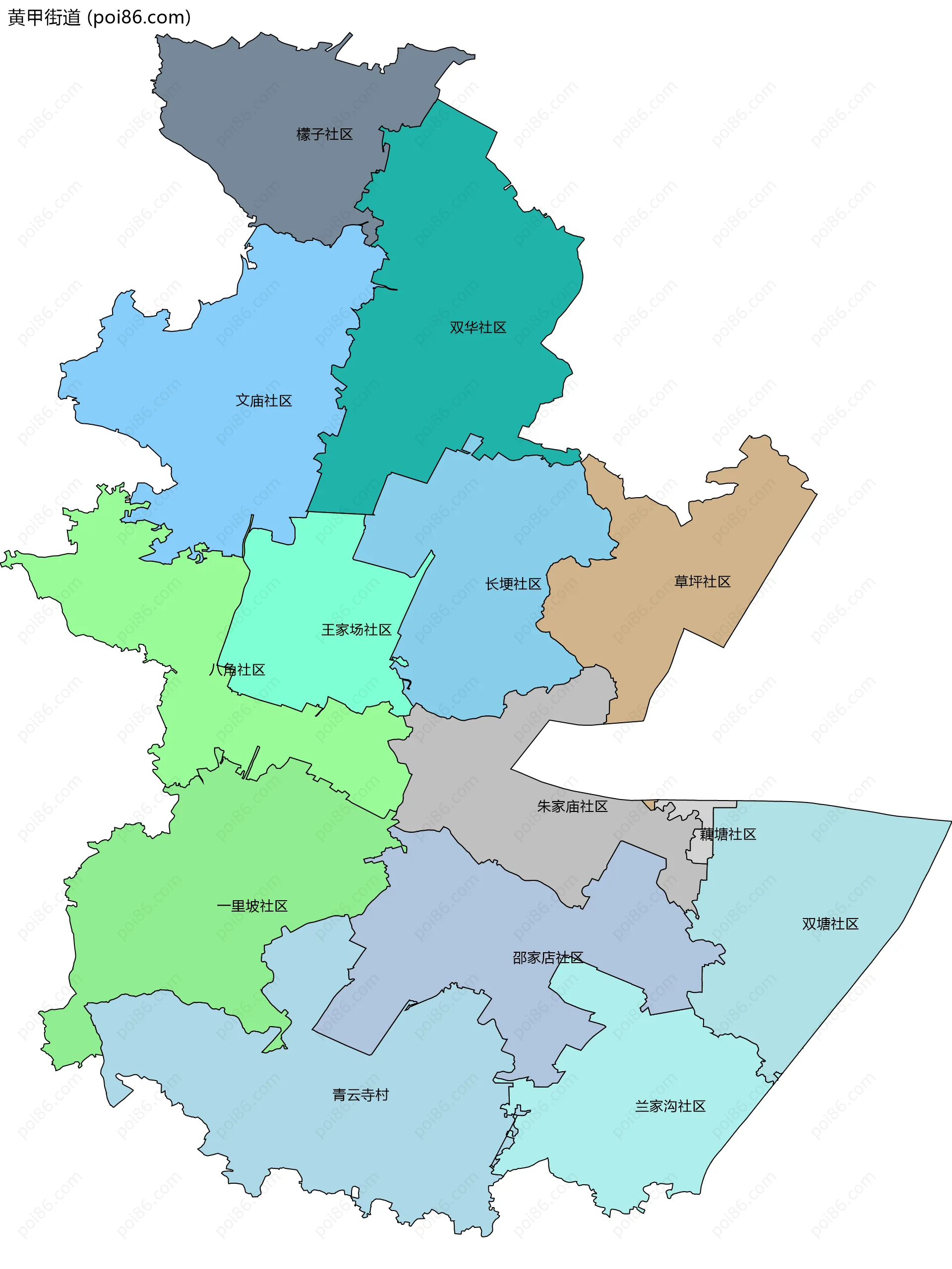 黄甲街道边界地图(五级行政区划)