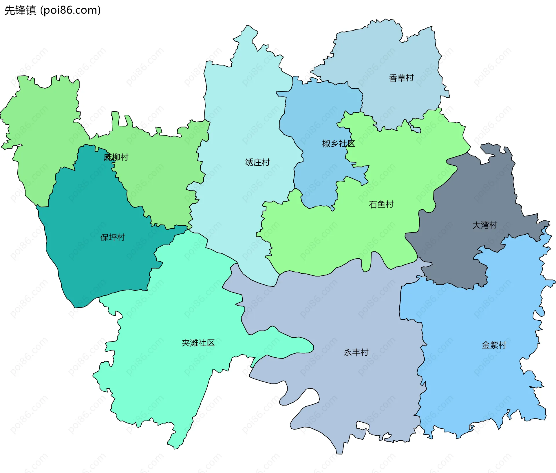 先锋镇边界地图(五级行政区划)