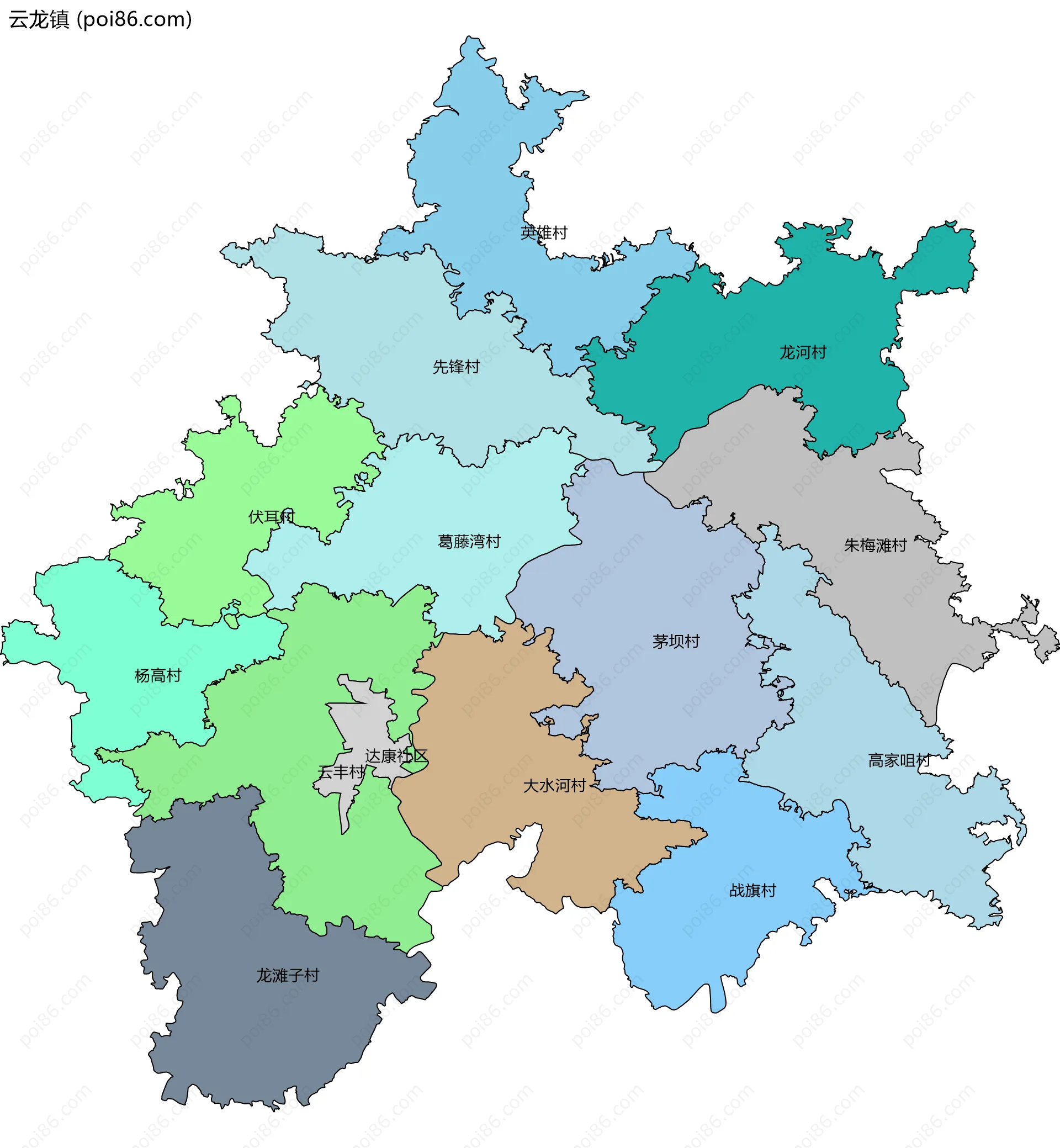 云龙镇边界地图(五级行政区划)