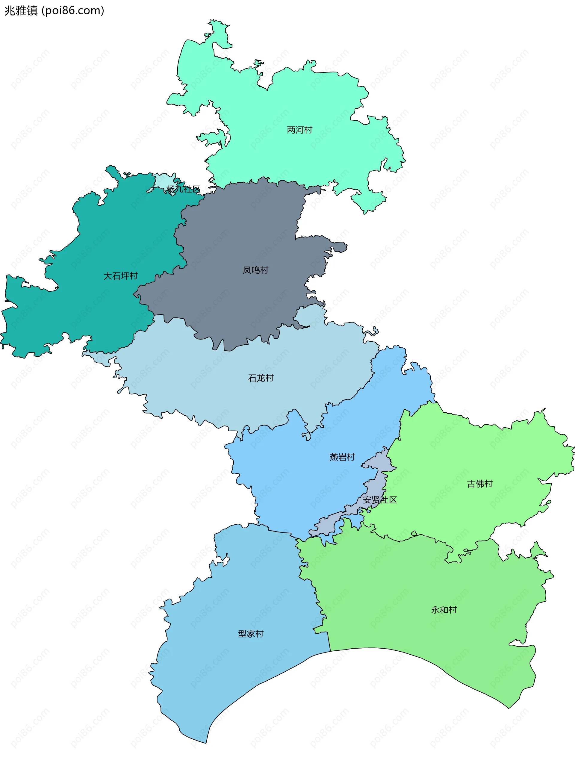兆雅镇边界地图(五级行政区划)