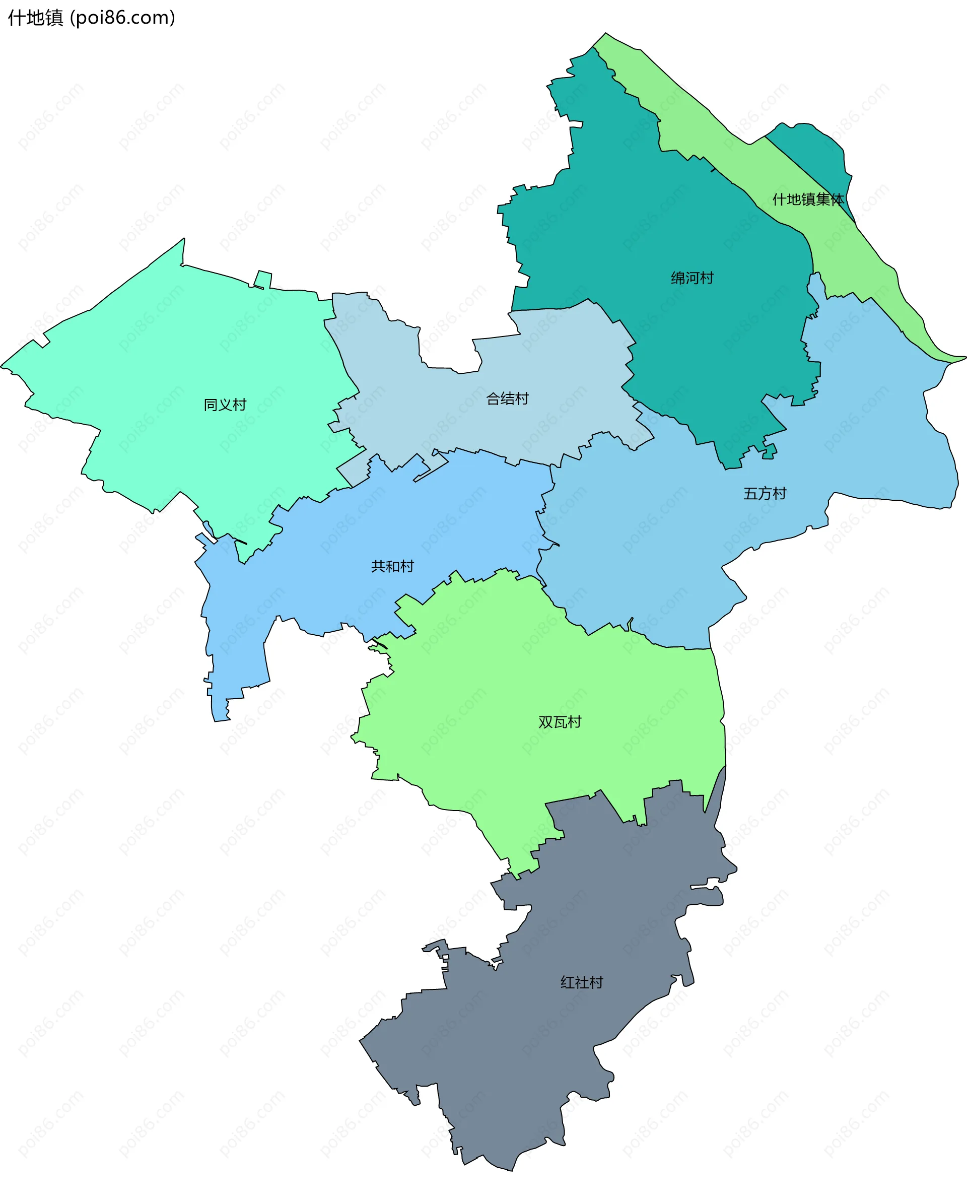什地镇边界地图(五级行政区划)