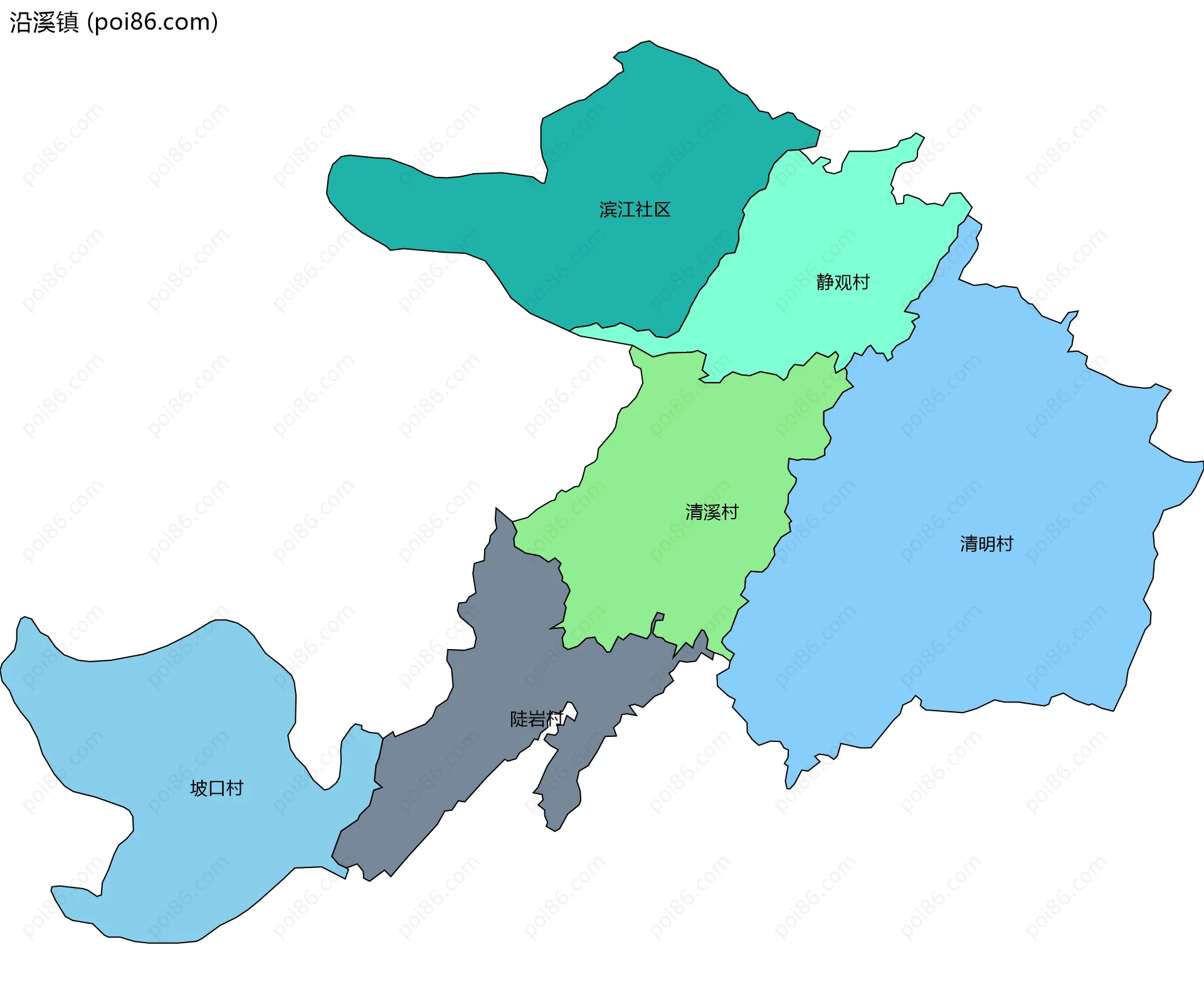 沿溪镇边界地图(五级行政区划)