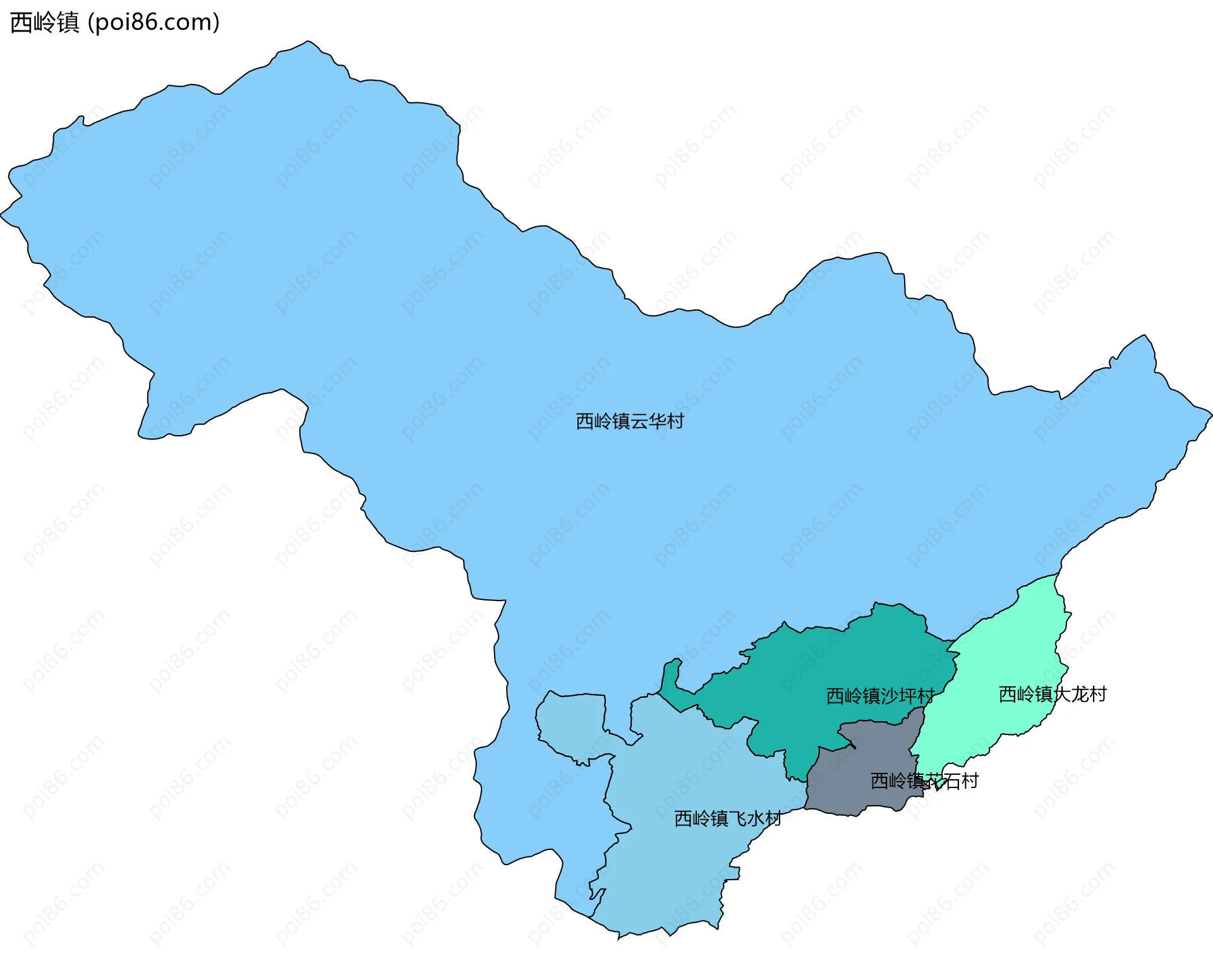 西岭镇边界地图(五级行政区划)
