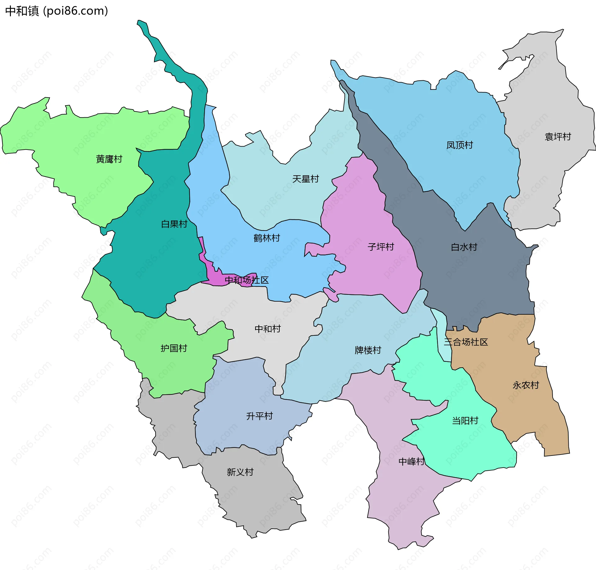 中和镇边界地图(五级行政区划)