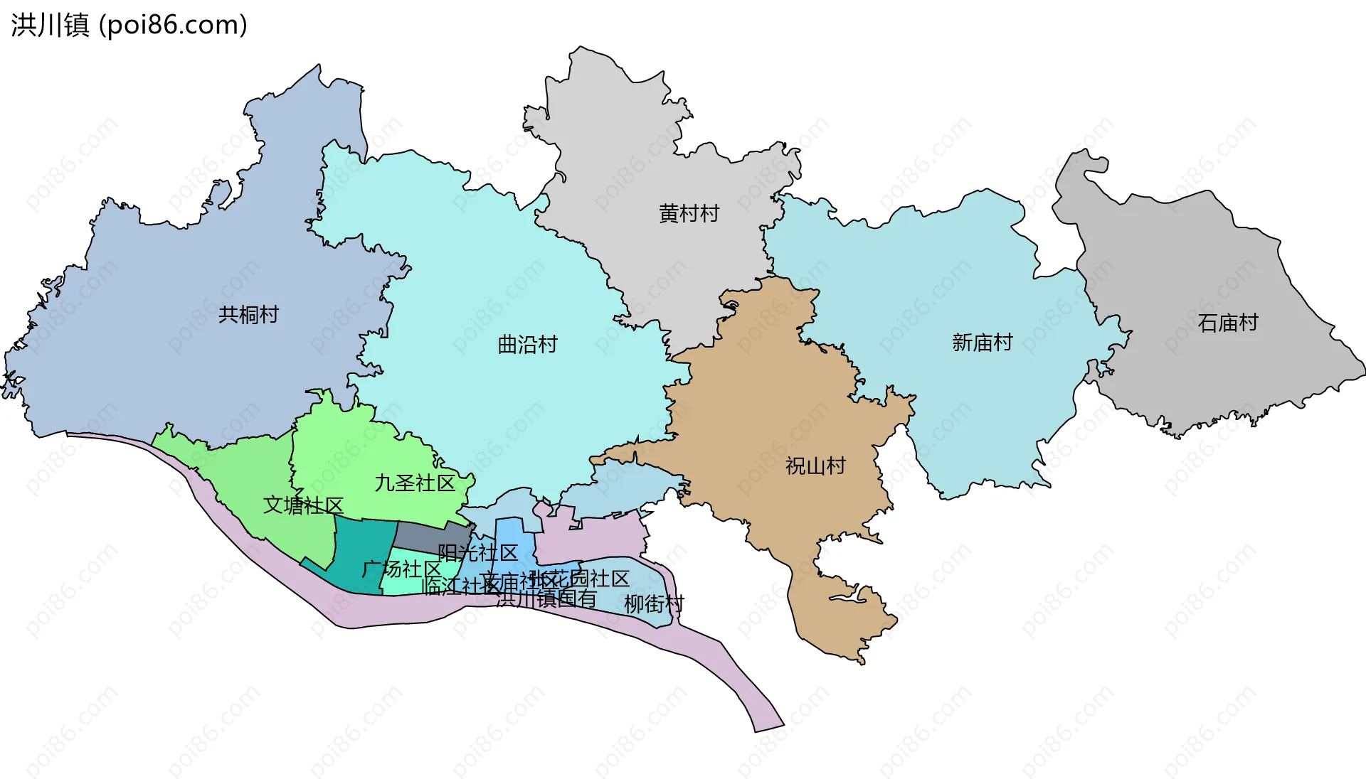 洪川镇边界地图(五级行政区划)