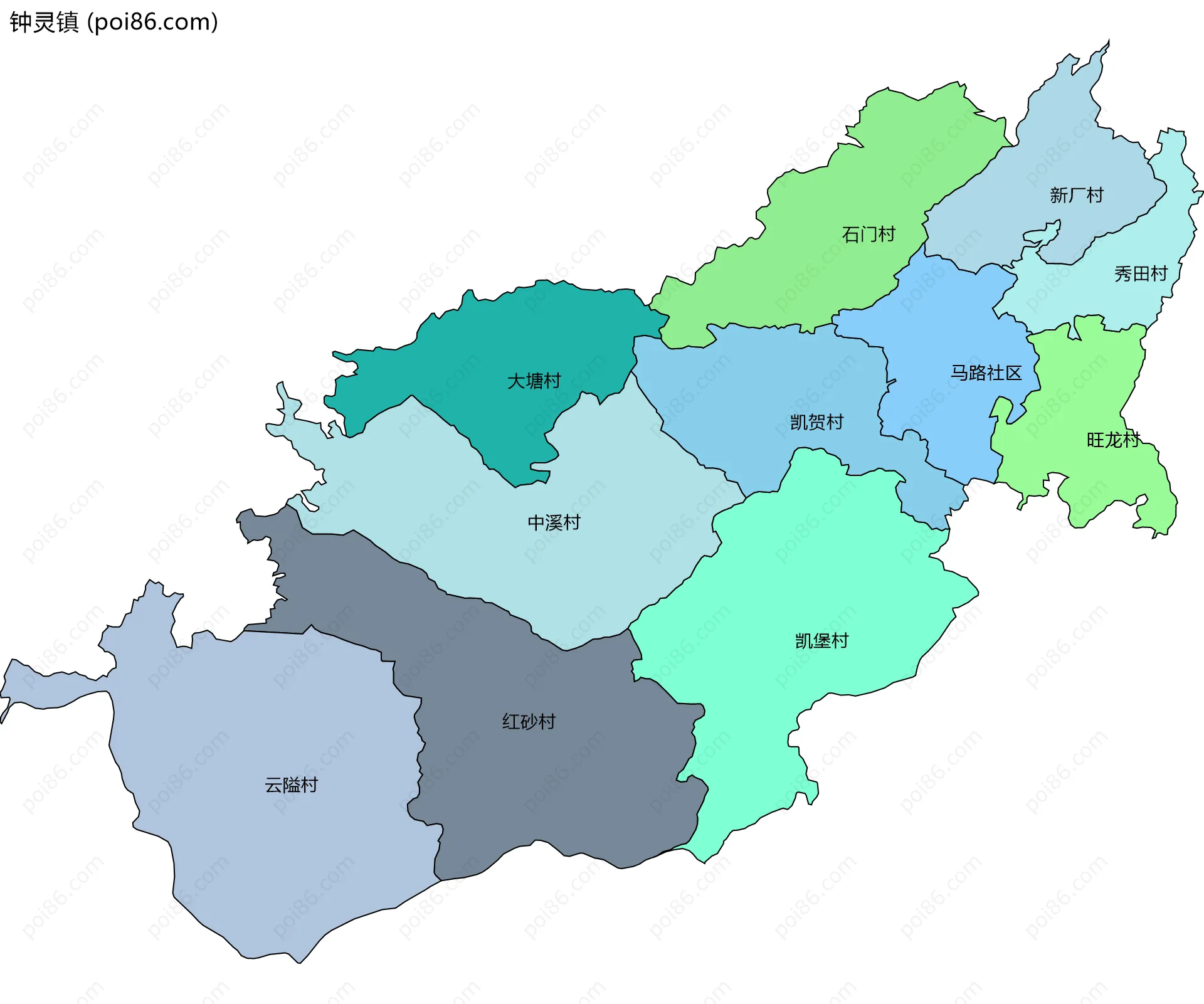 钟灵镇边界地图(五级行政区划)