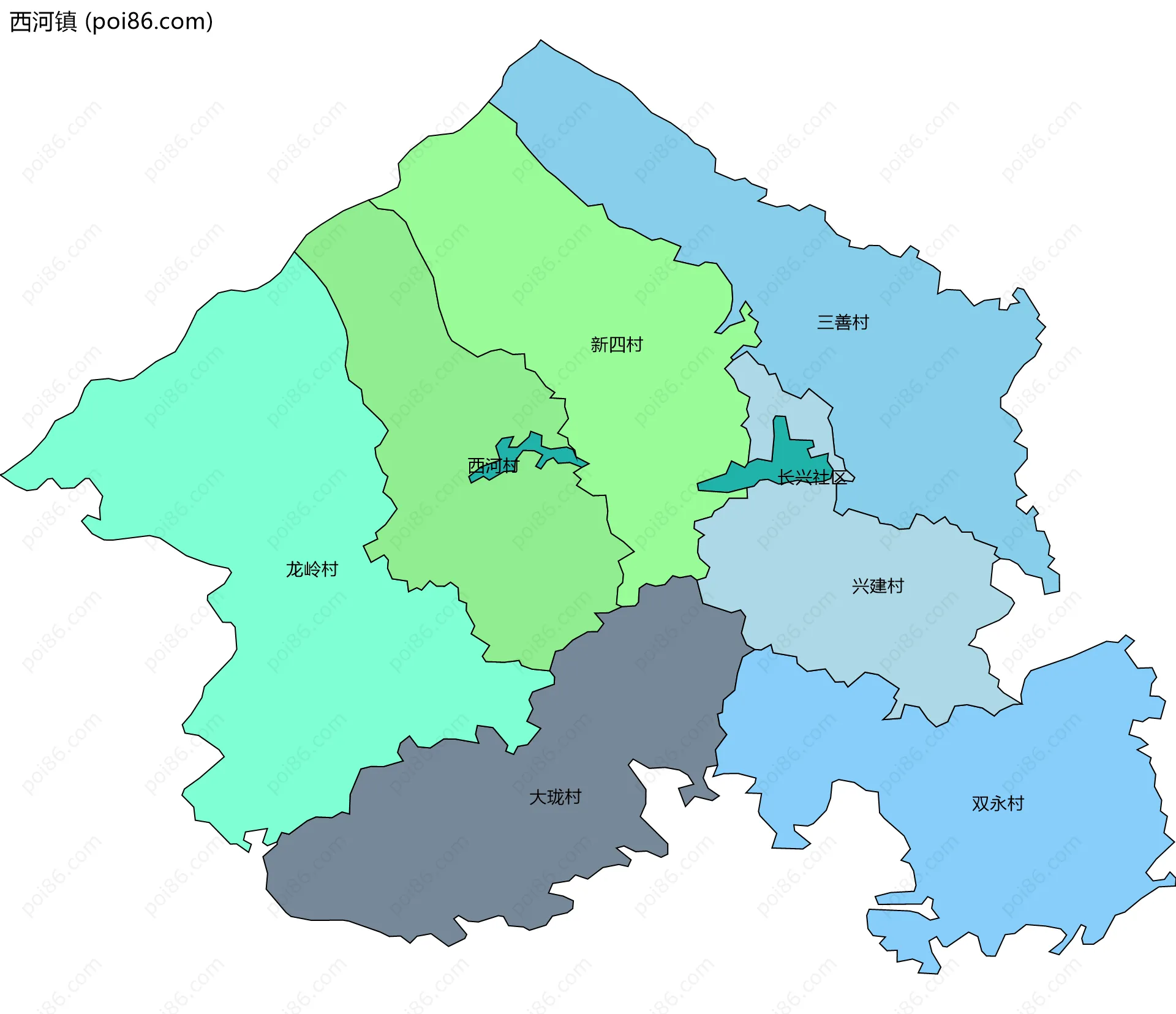 西河镇边界地图(五级行政区划)
