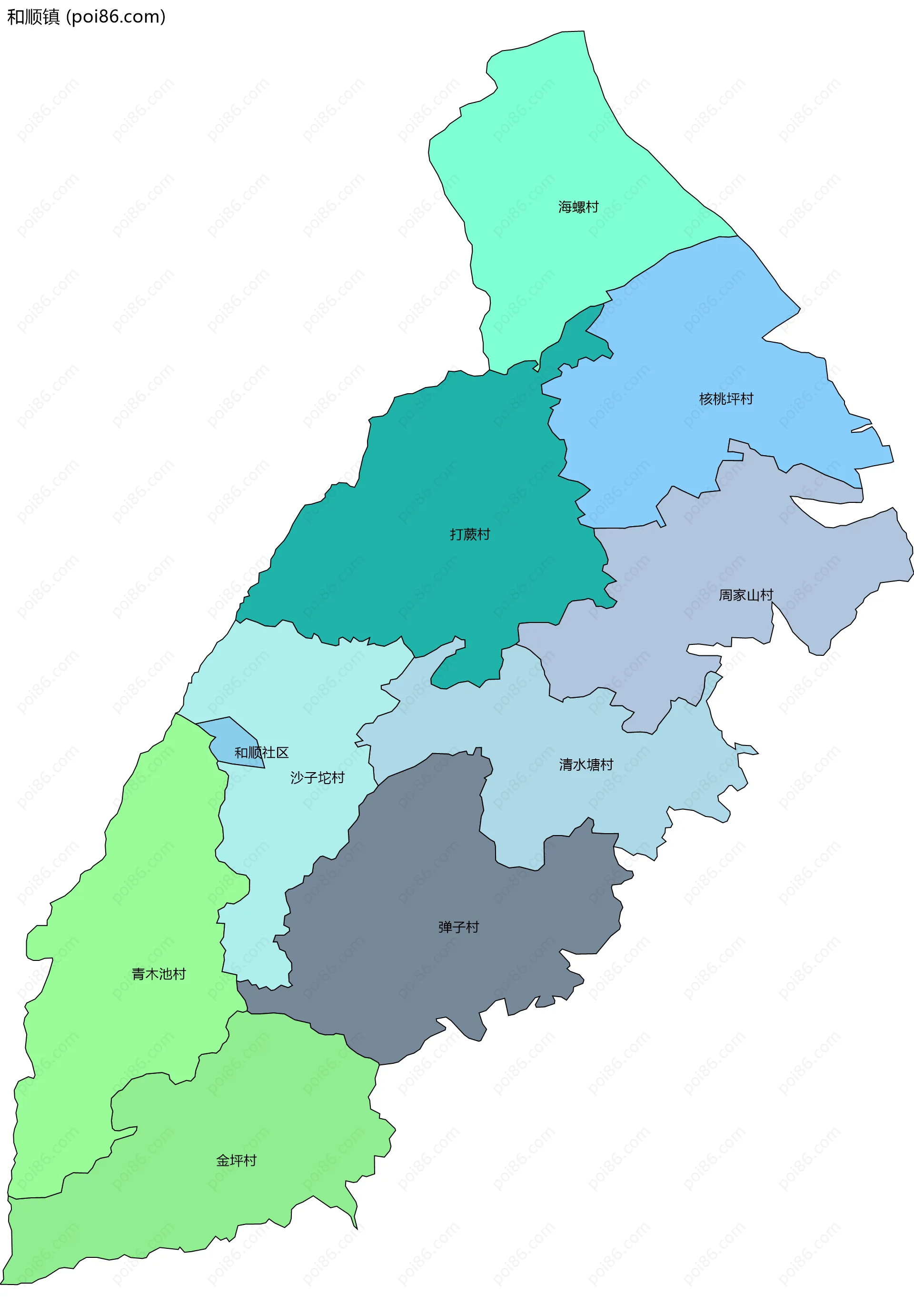 和顺镇边界地图(五级行政区划)