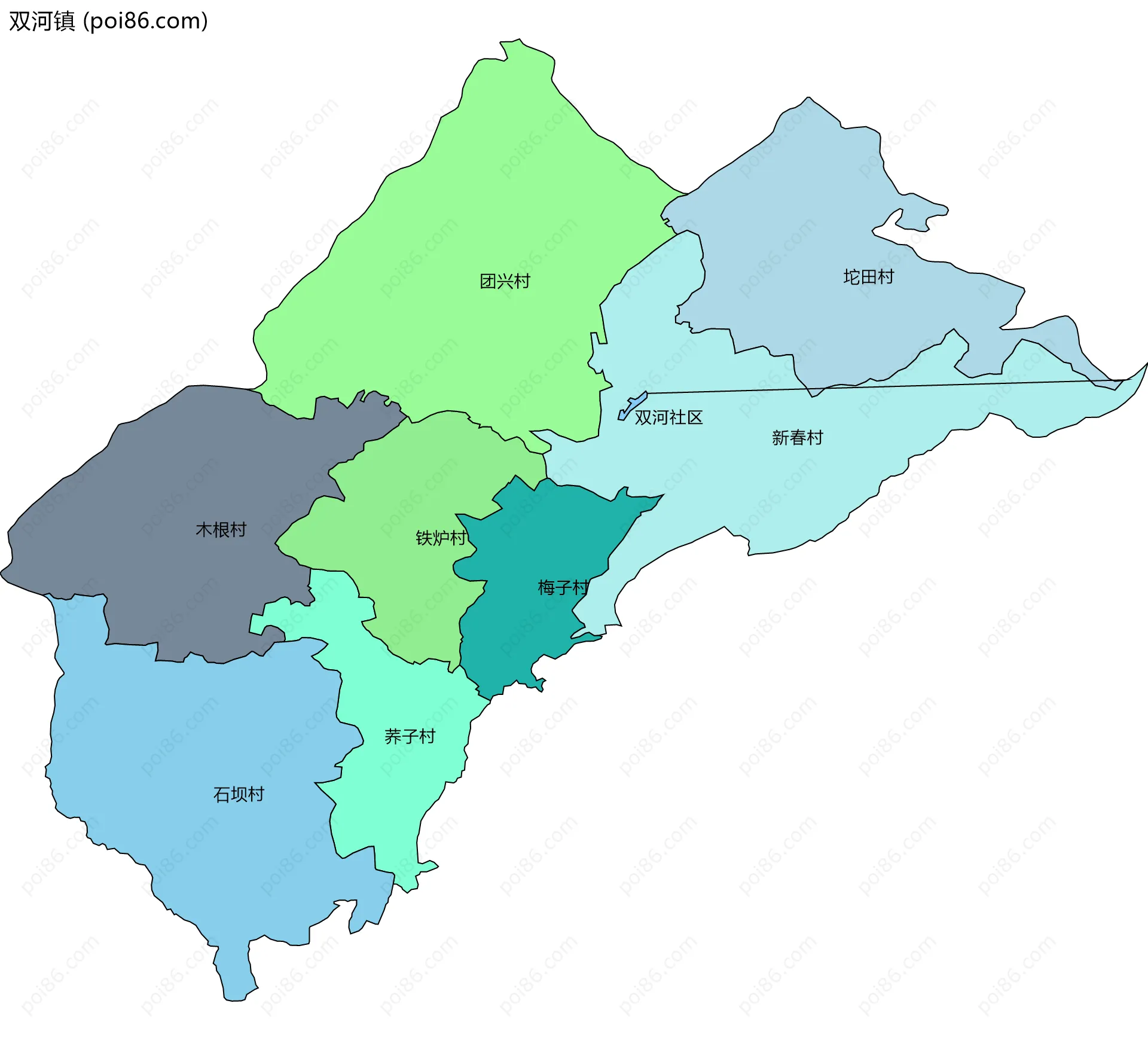 双河镇边界地图(五级行政区划)