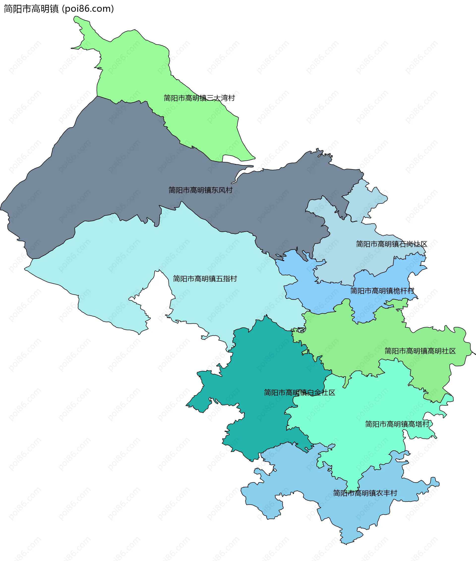 简阳市高明镇边界地图(五级行政区划)