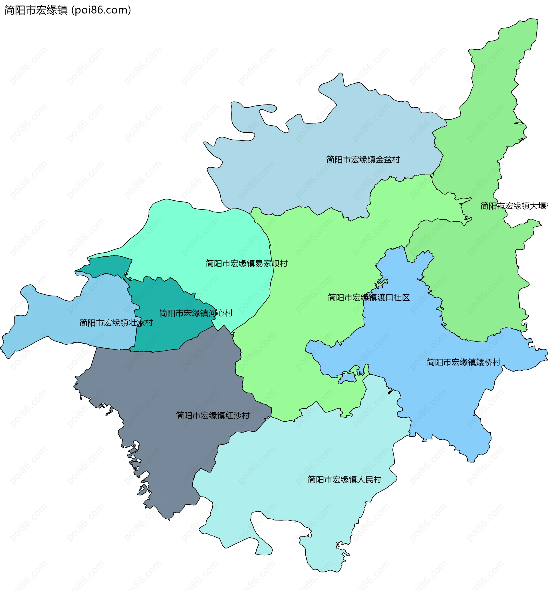 简阳市宏缘镇边界地图(五级行政区划)