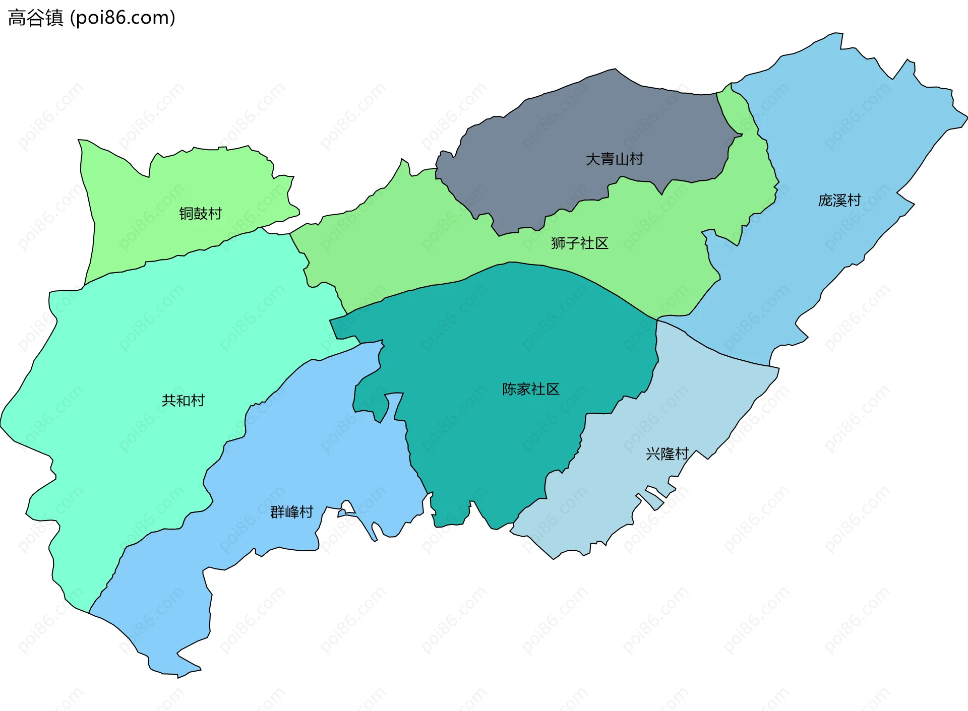 高谷镇边界地图(五级行政区划)