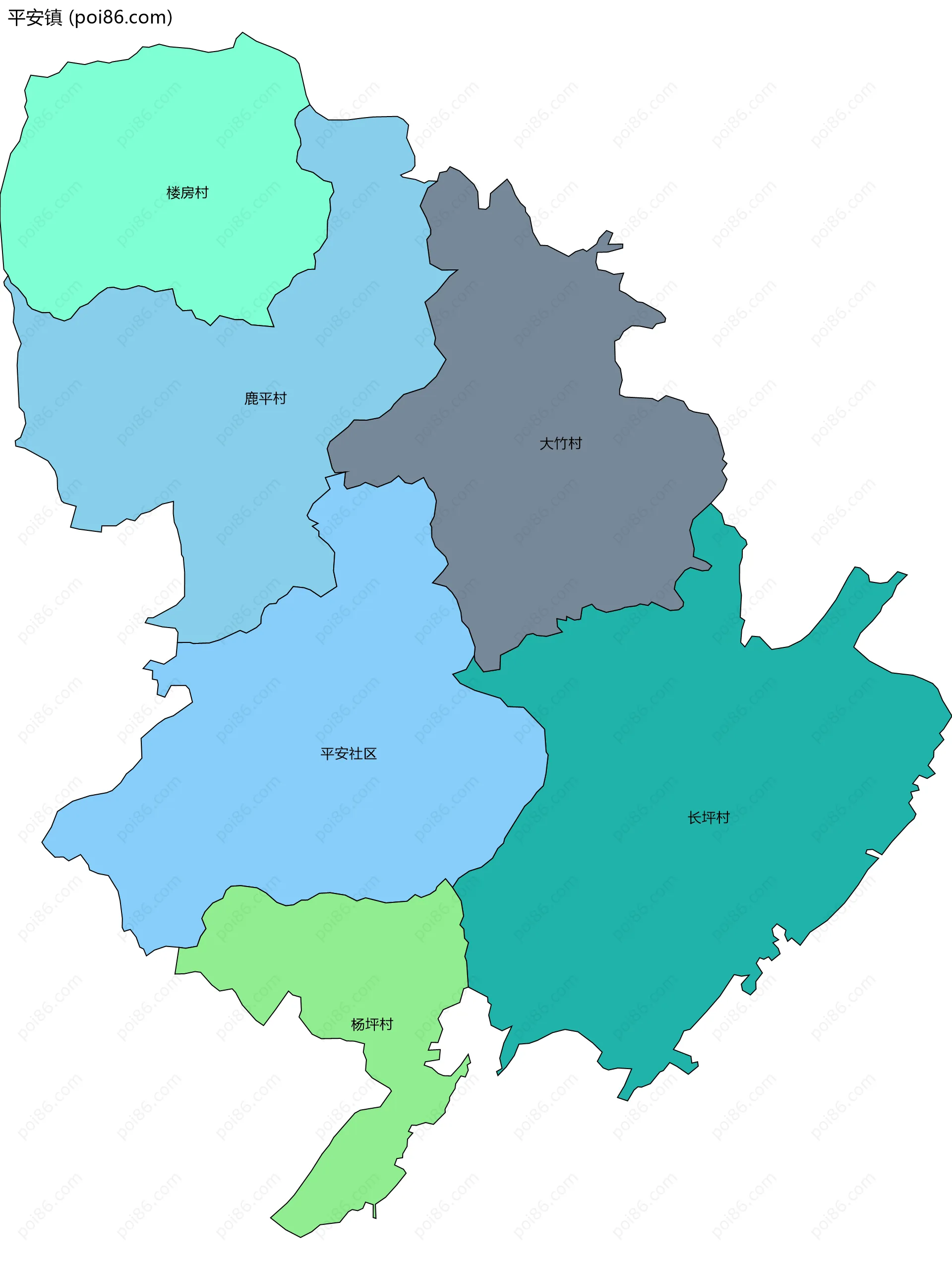 平安镇边界地图(五级行政区划)