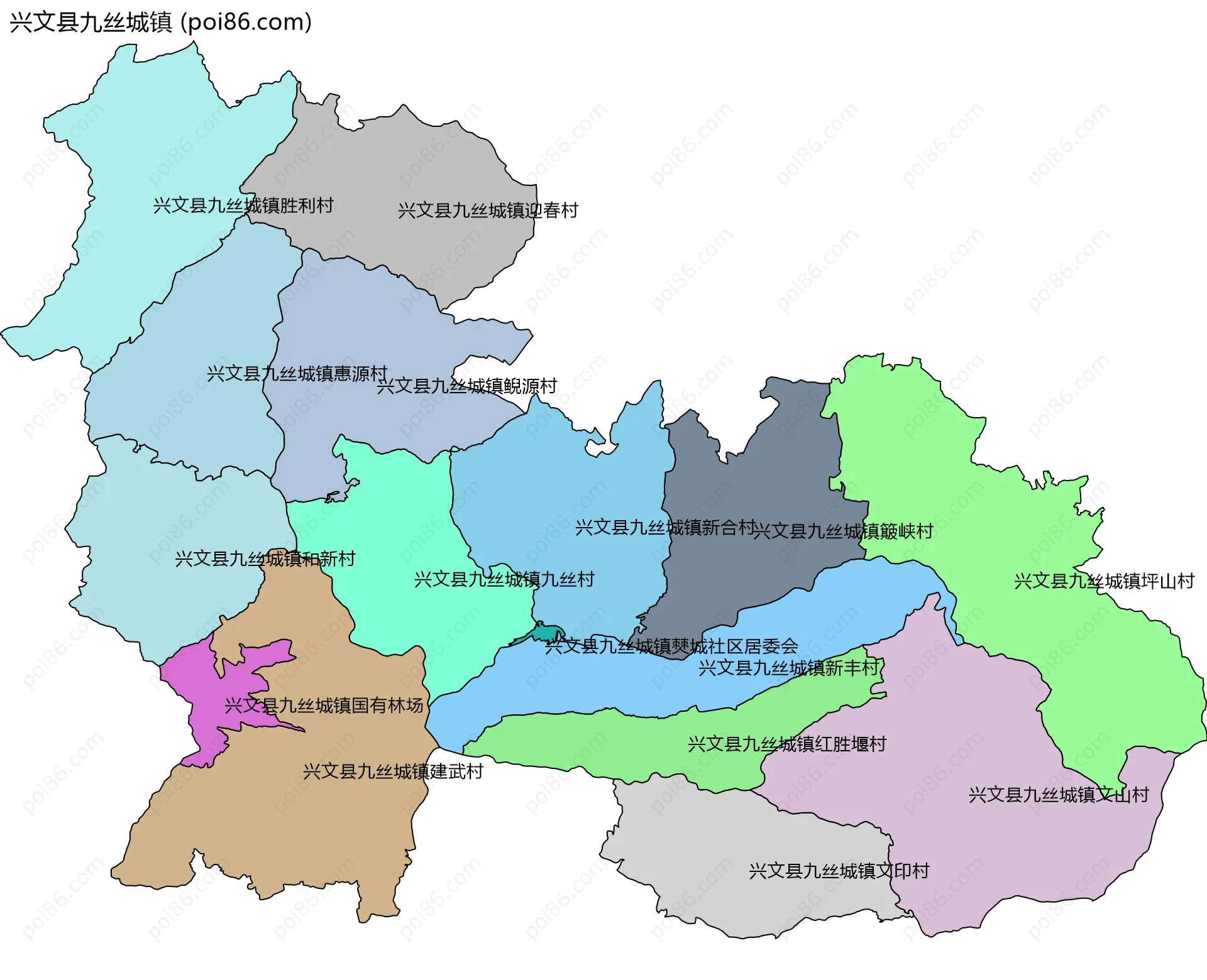 兴文县九丝城镇边界地图(五级行政区划)