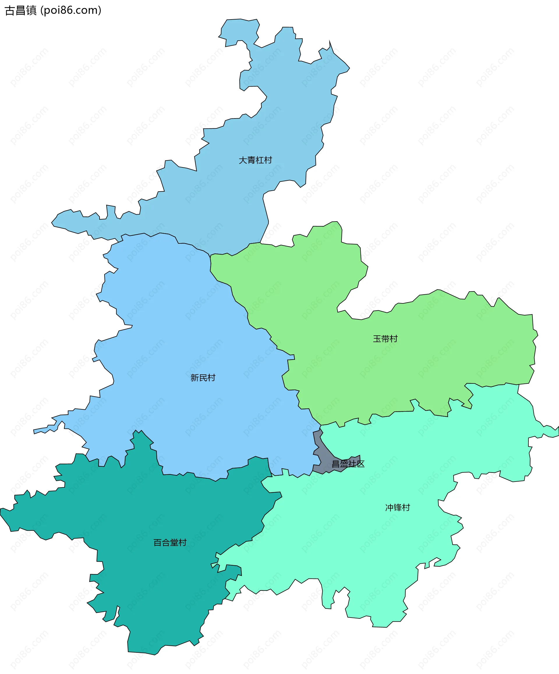 古昌镇边界地图(五级行政区划)