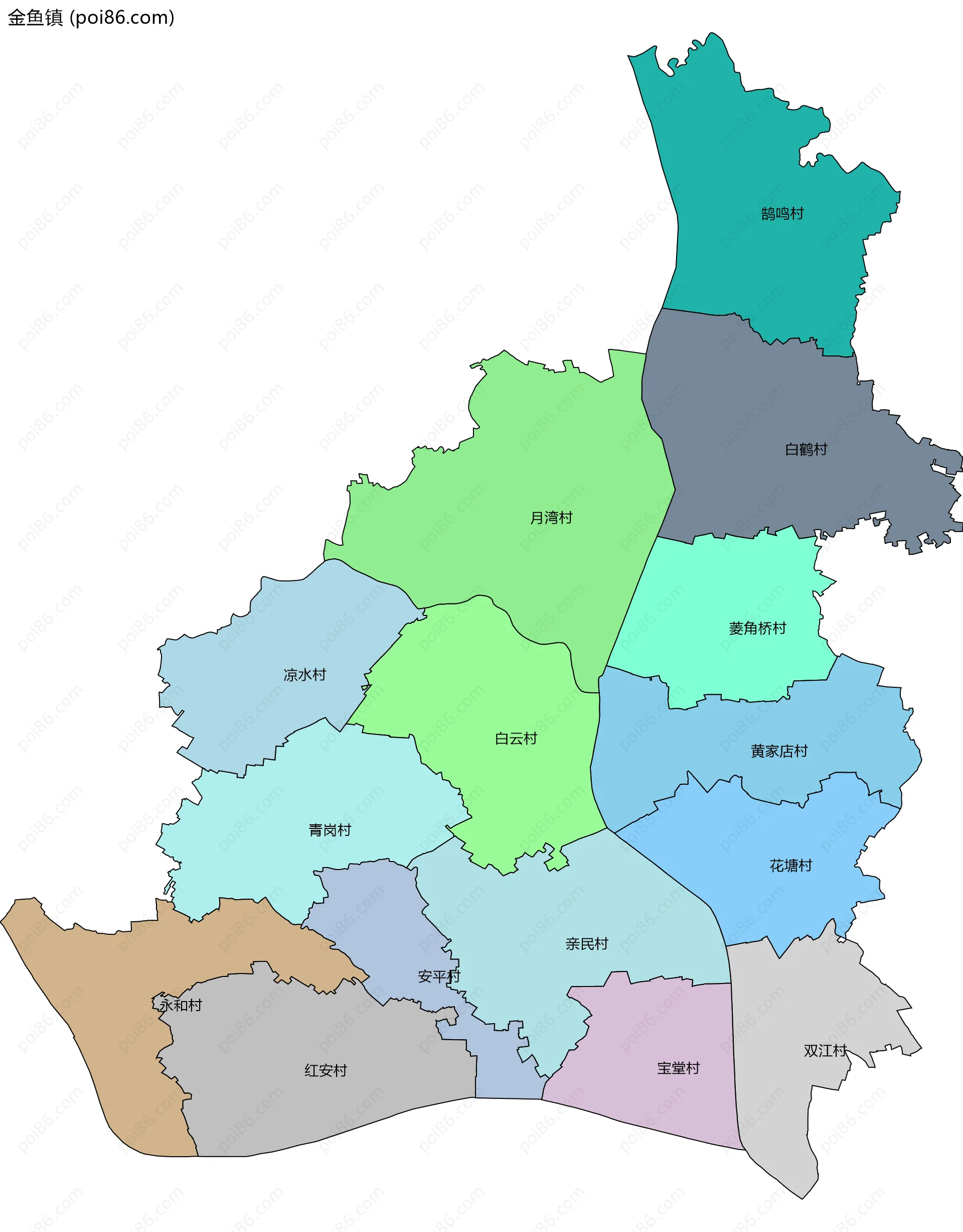 金鱼镇边界地图(五级行政区划)