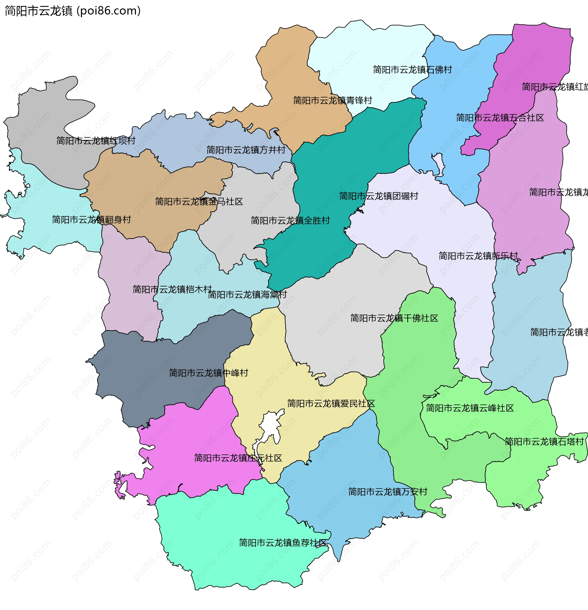 简阳市云龙镇边界地图(五级行政区划)