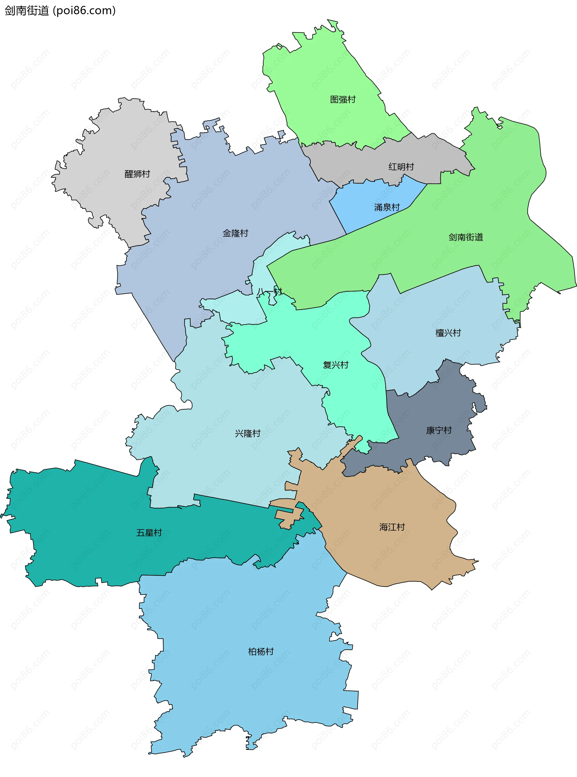 剑南街道边界地图(五级行政区划)