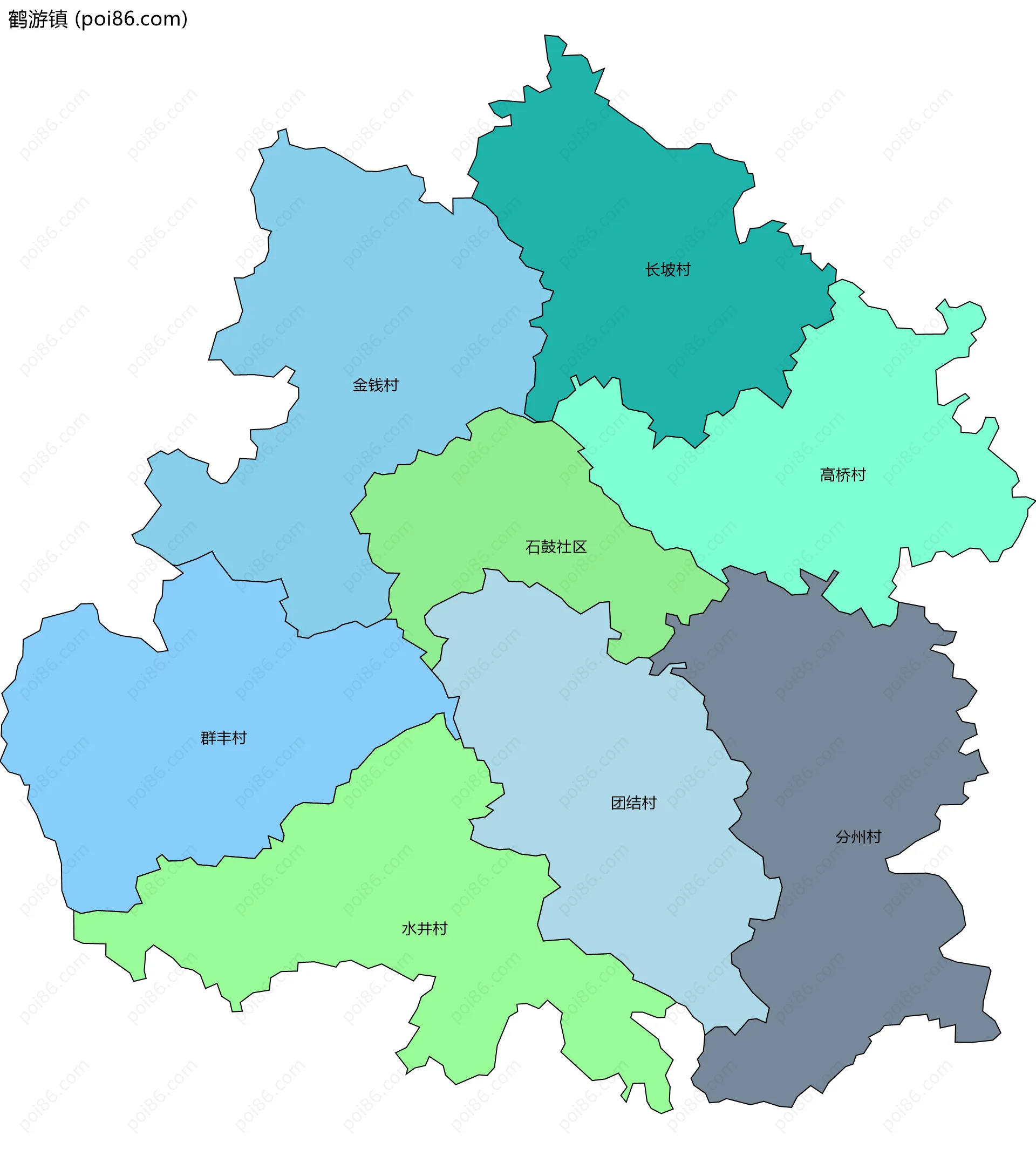 鹤游镇边界地图(五级行政区划)