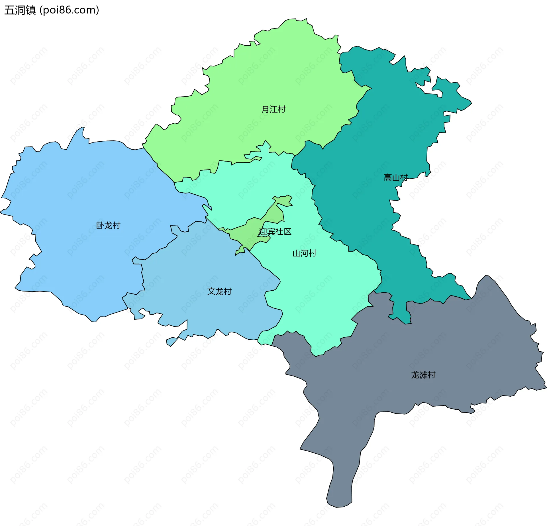 五洞镇边界地图(五级行政区划)