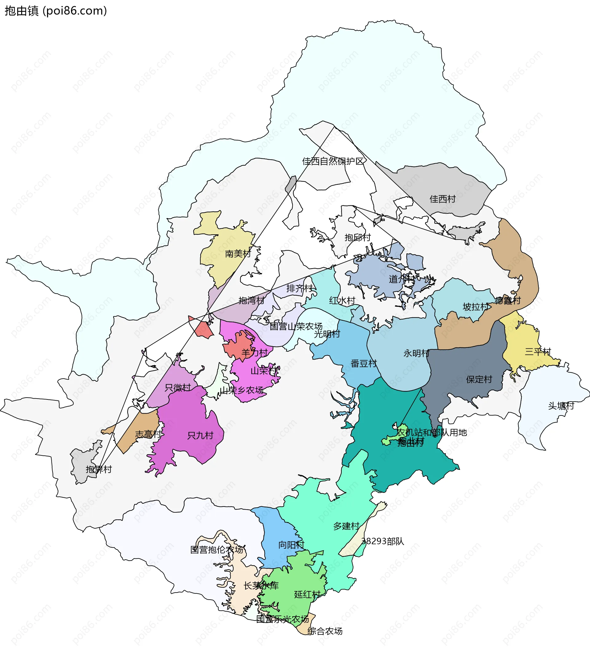 抱由镇边界地图(五级行政区划)
