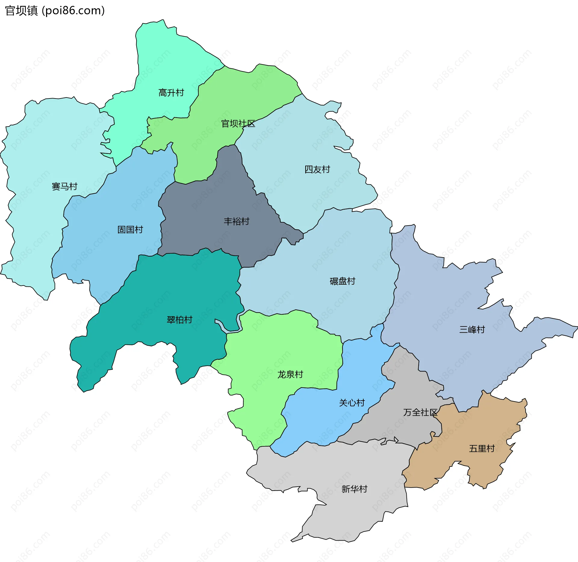 官坝镇边界地图(五级行政区划)