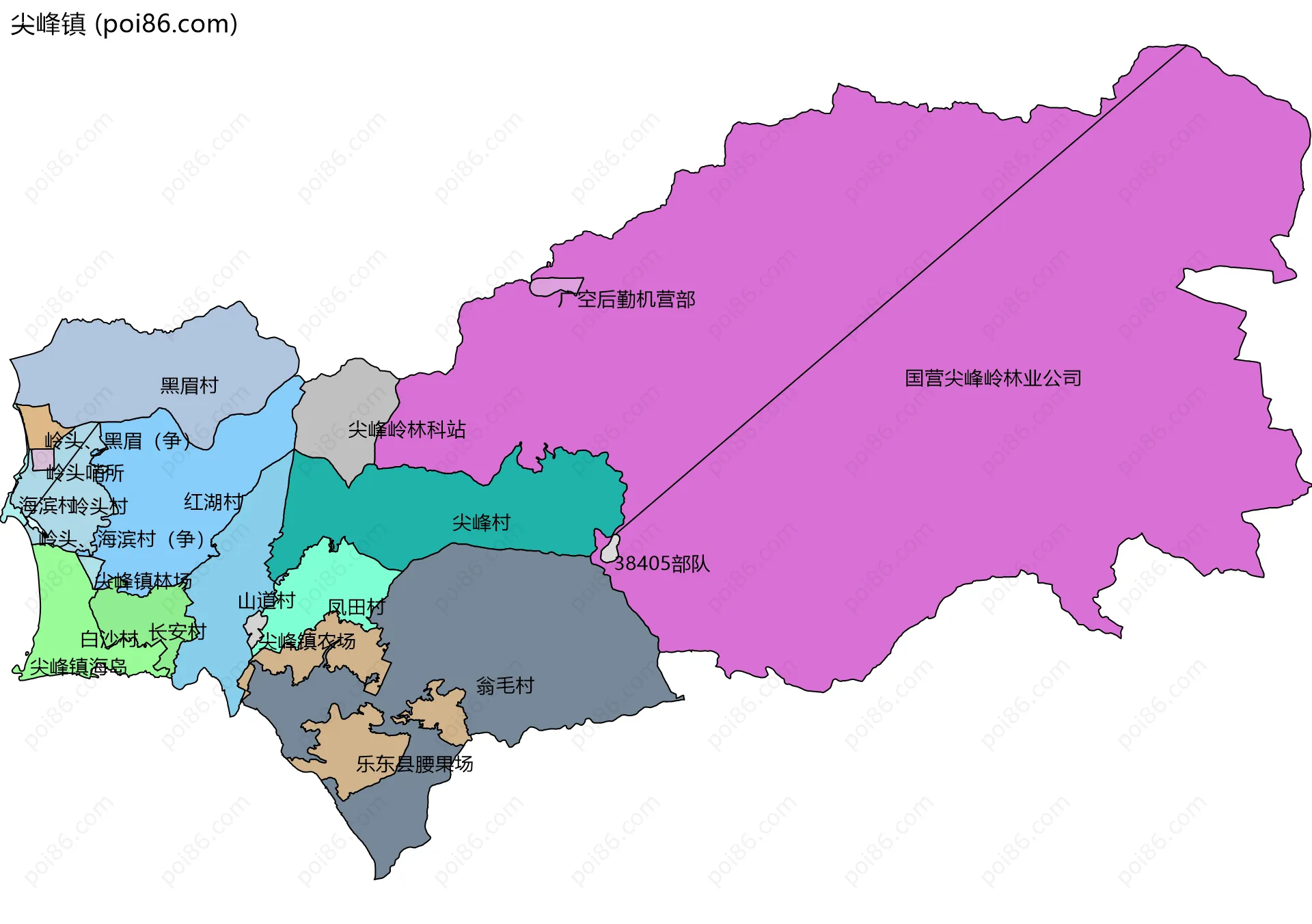 尖峰镇边界地图(五级行政区划)