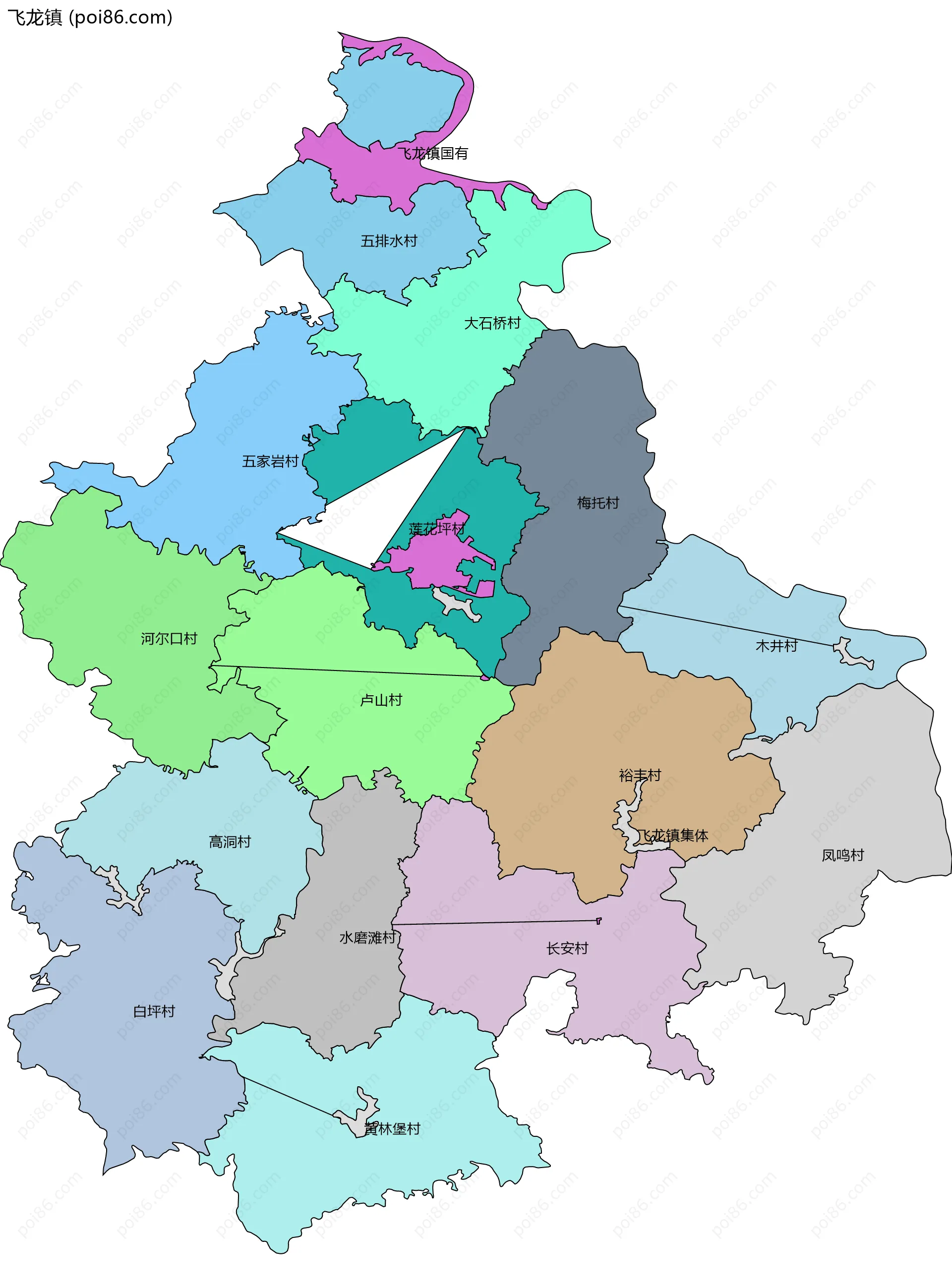 飞龙镇边界地图(五级行政区划)