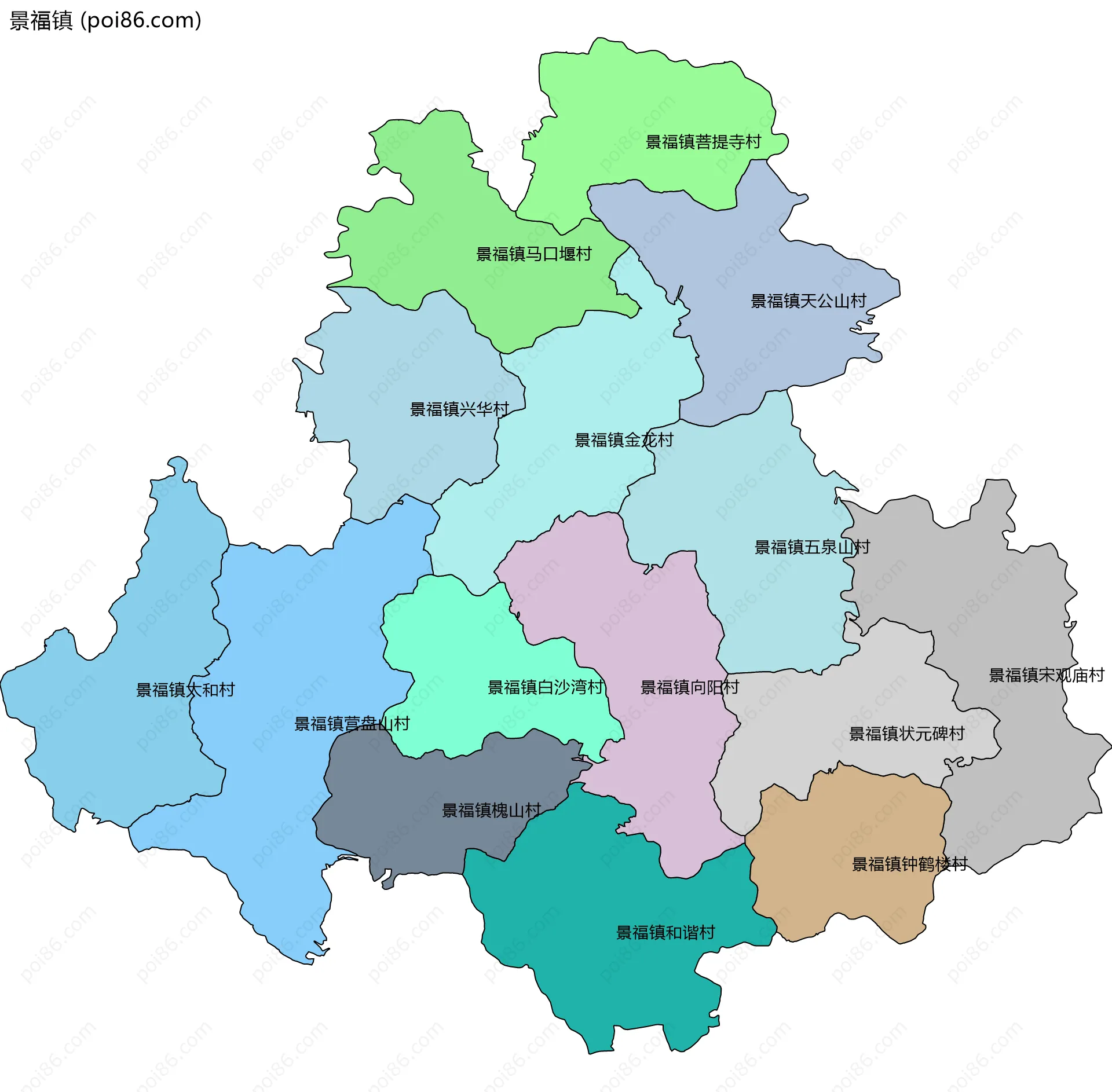 景福镇边界地图(五级行政区划)