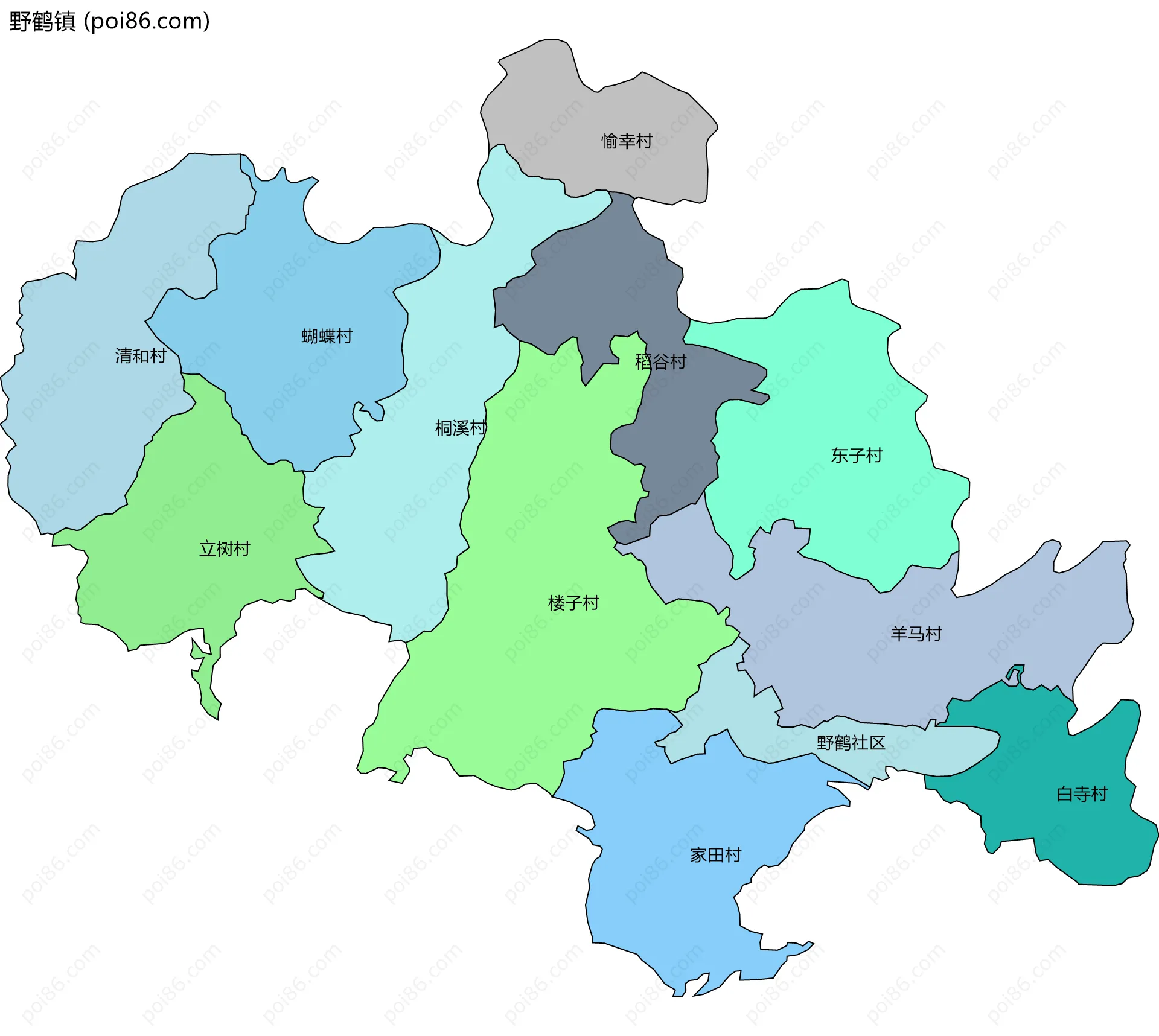 野鹤镇边界地图(五级行政区划)
