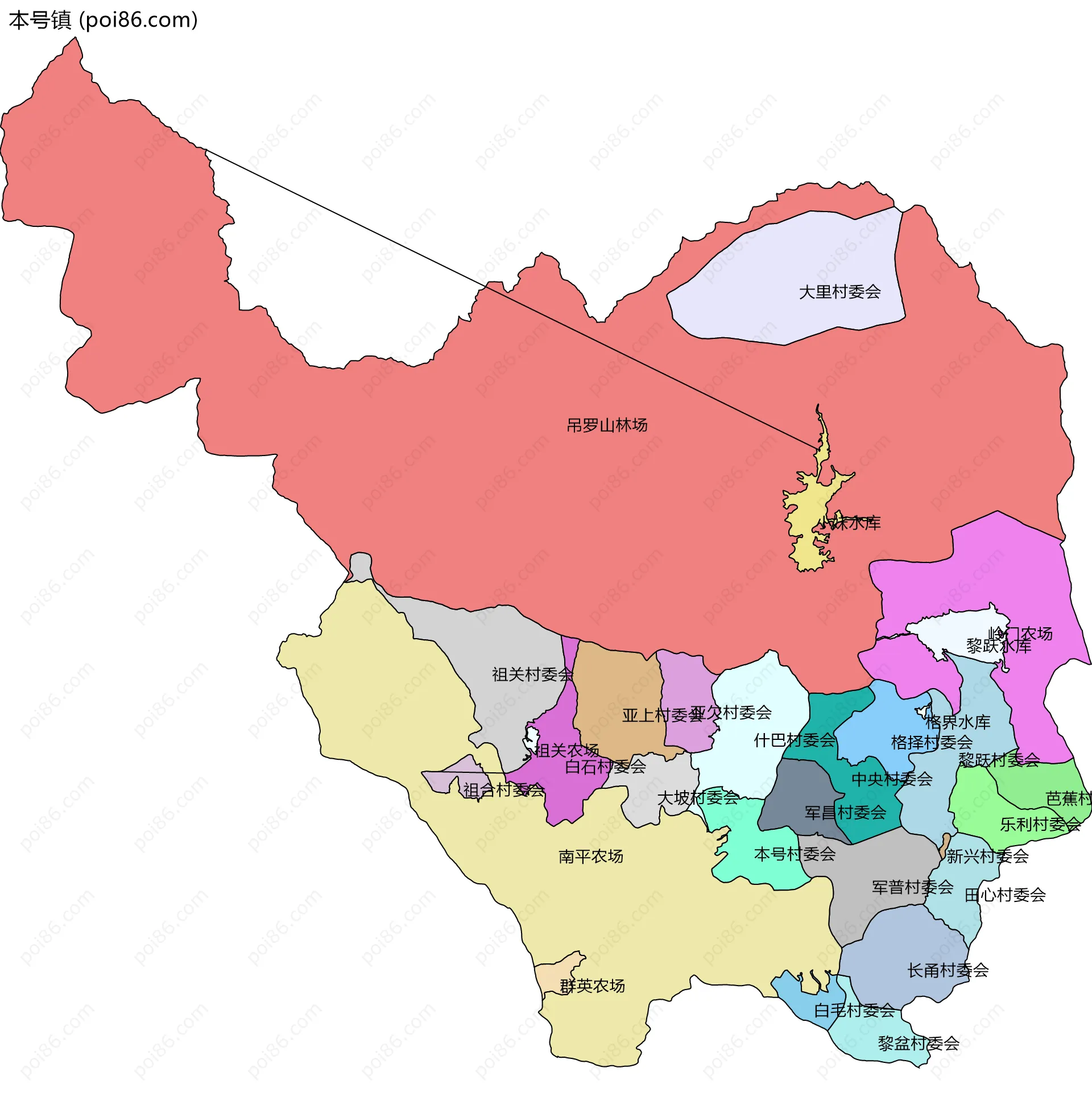 本号镇边界地图(五级行政区划)