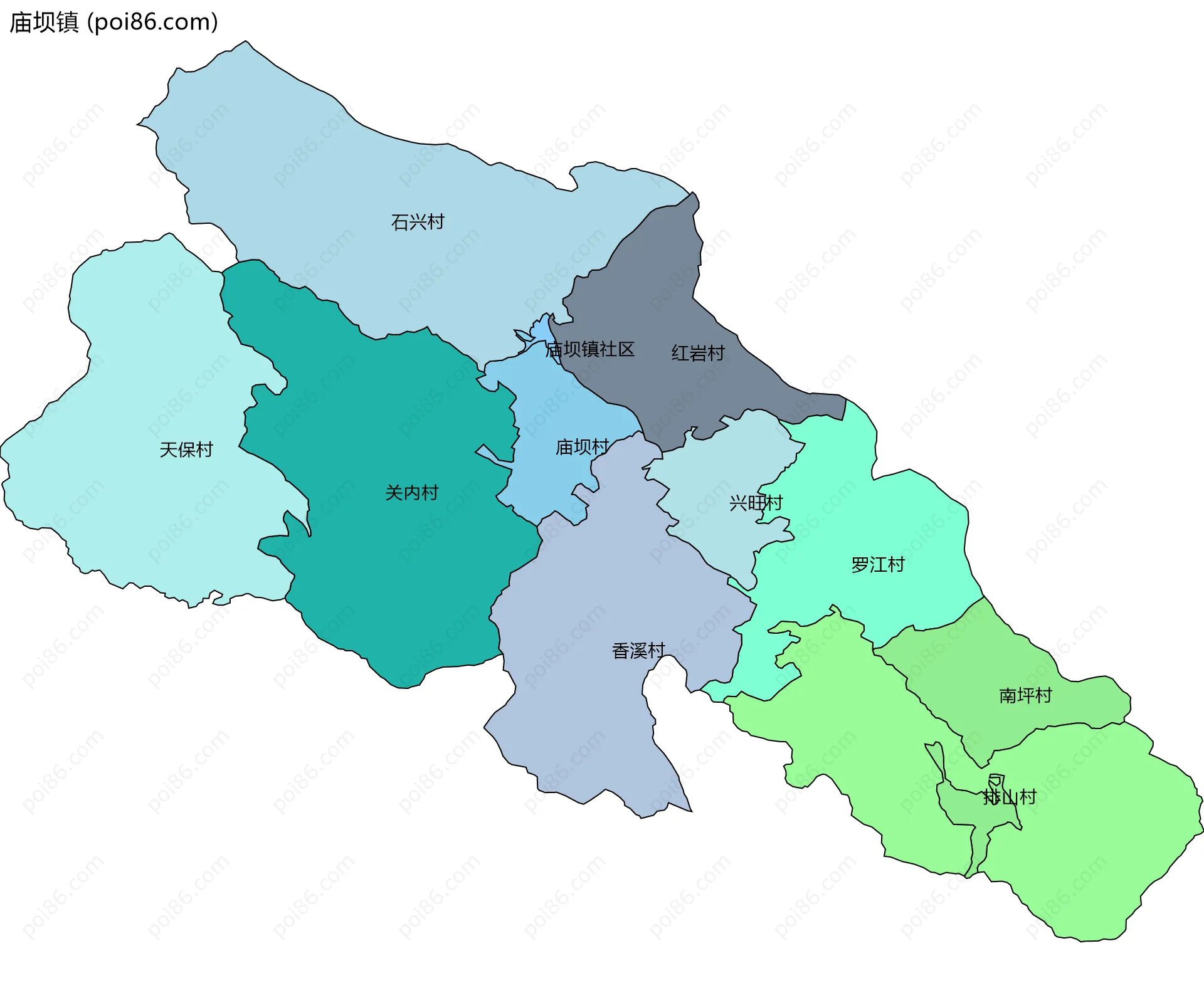 庙坝镇边界地图(五级行政区划)