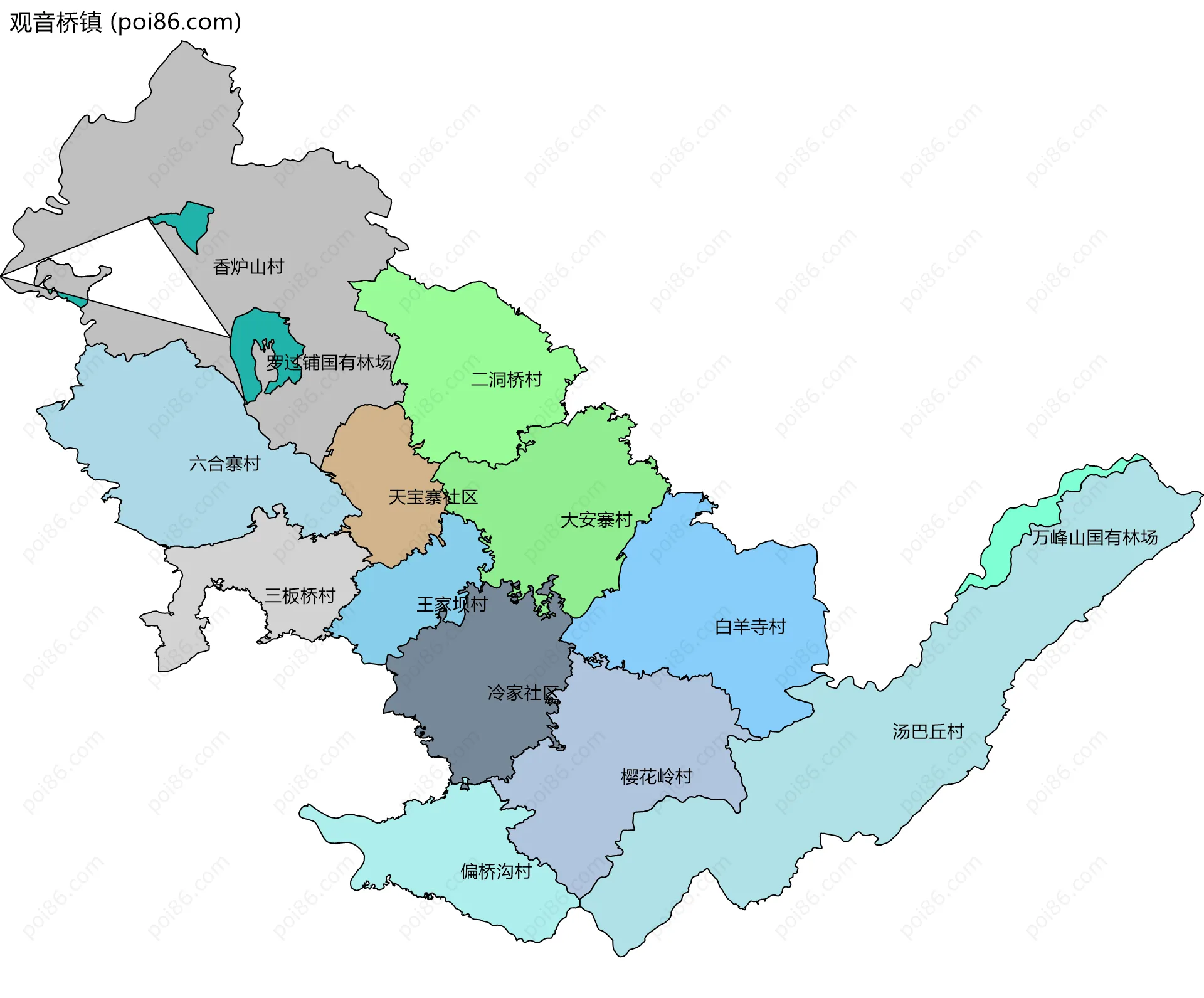 观音桥镇边界地图(五级行政区划)