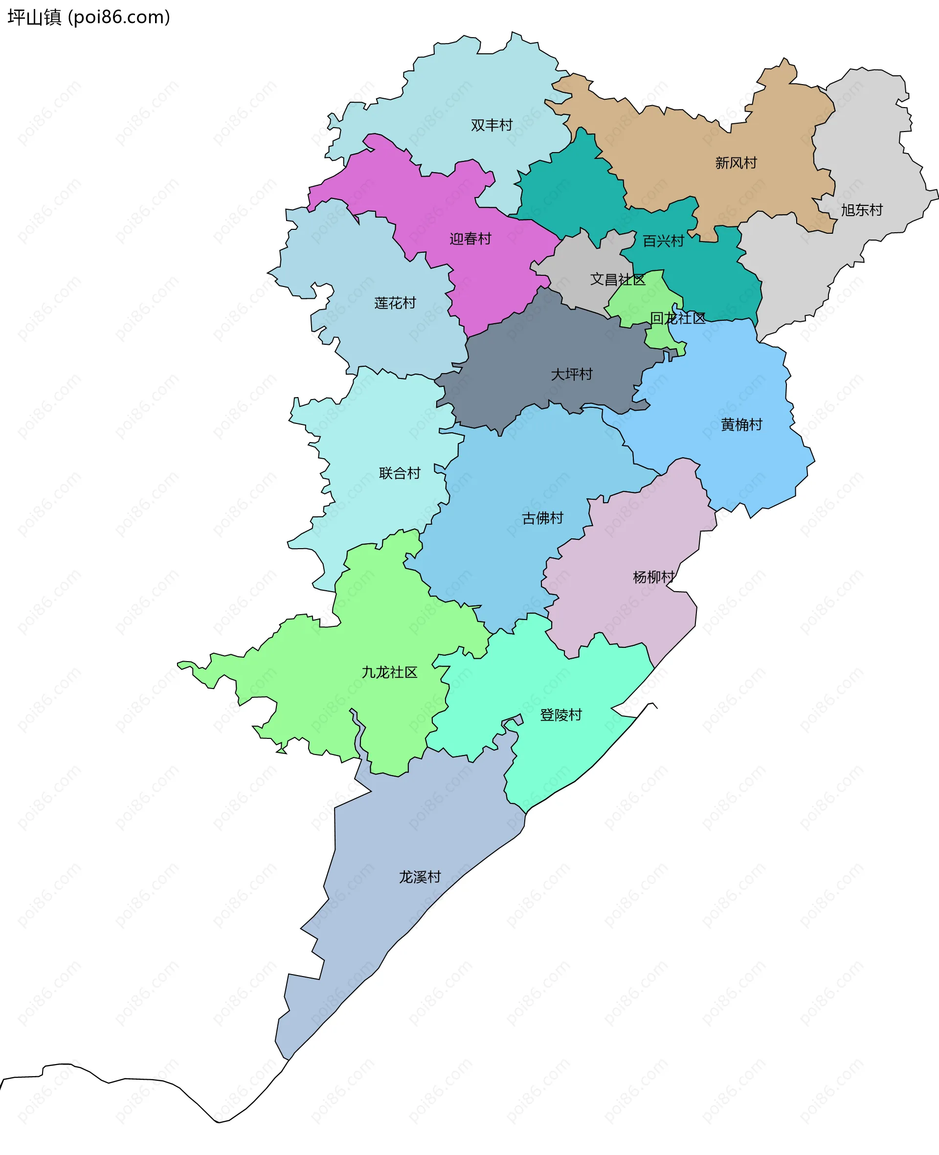 坪山镇边界地图(五级行政区划)