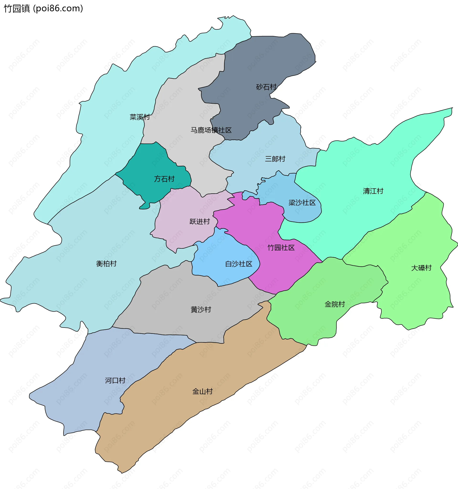 竹园镇边界地图(五级行政区划)