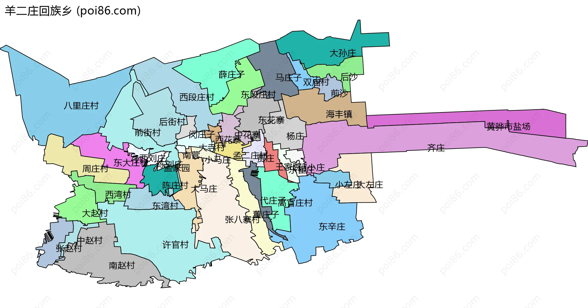 羊二庄回族乡边界地图(五级行政区划)
