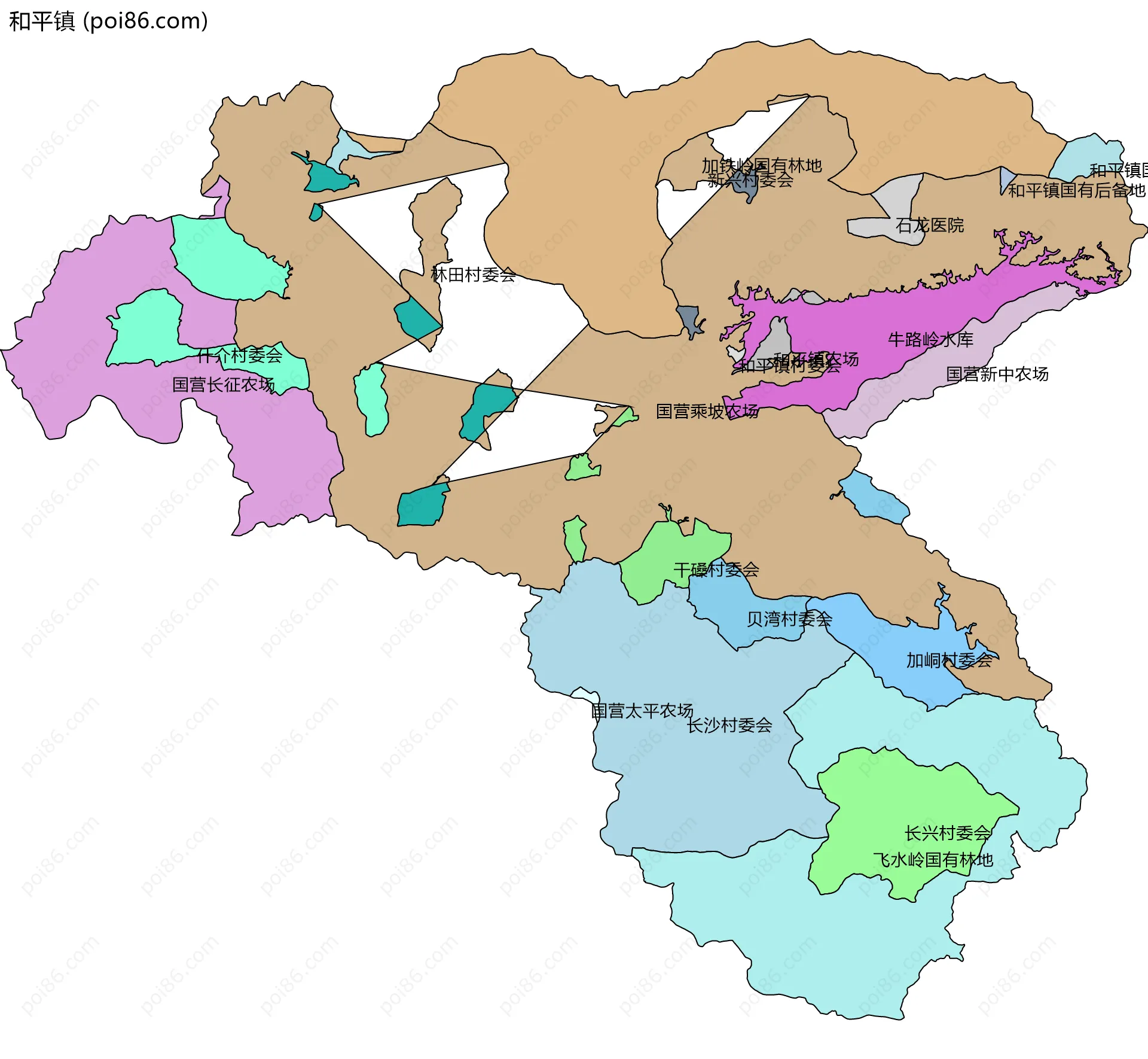 和平镇边界地图(五级行政区划)