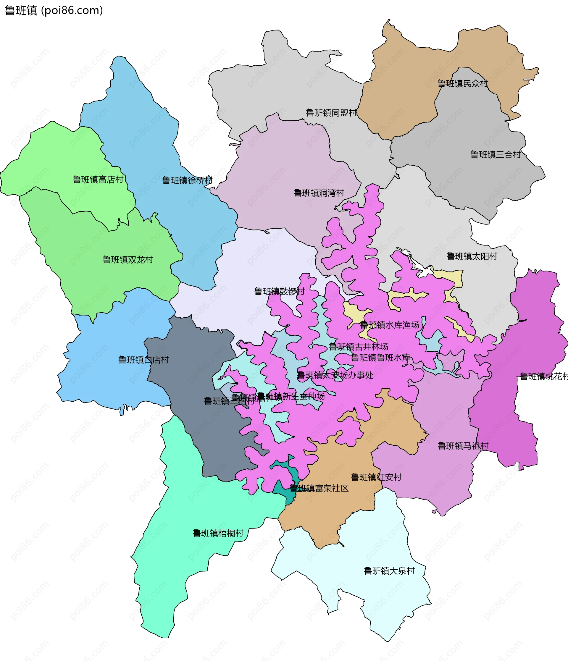 鲁班镇边界地图(五级行政区划)