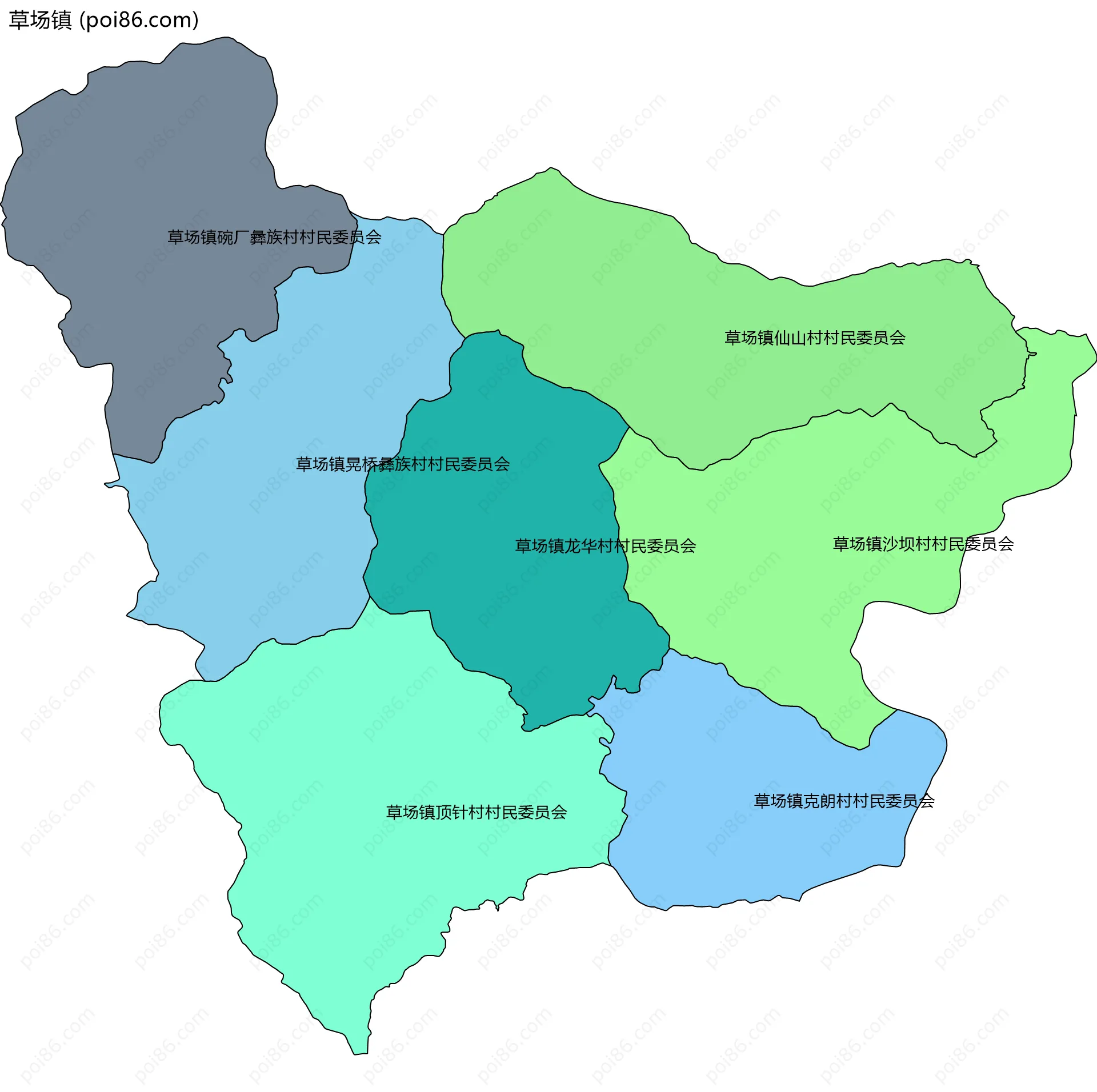 草场镇边界地图(五级行政区划)