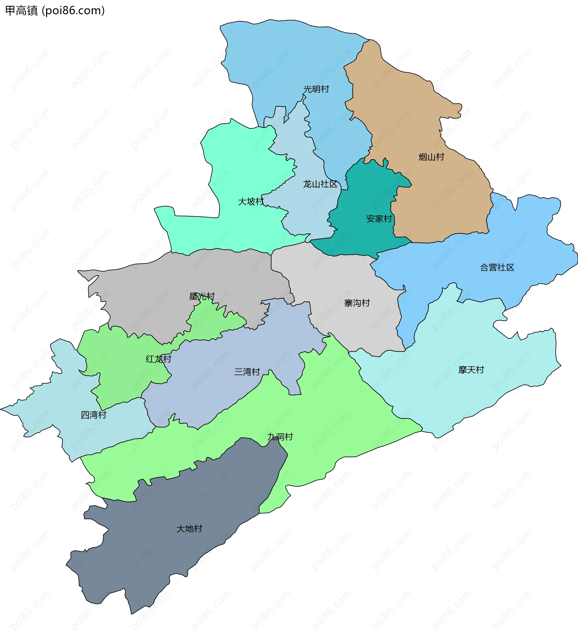 甲高镇边界地图(五级行政区划)