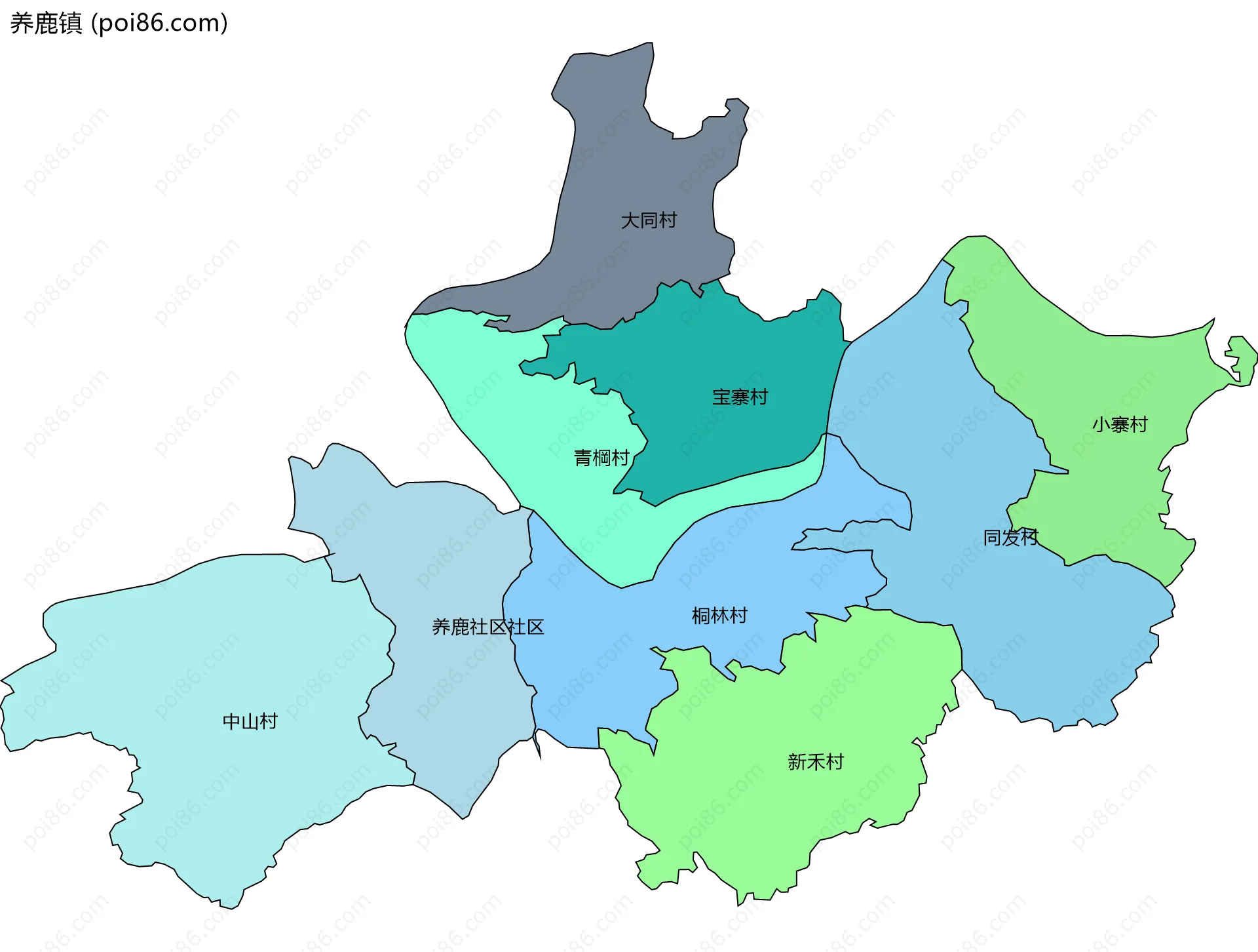 养鹿镇边界地图(五级行政区划)