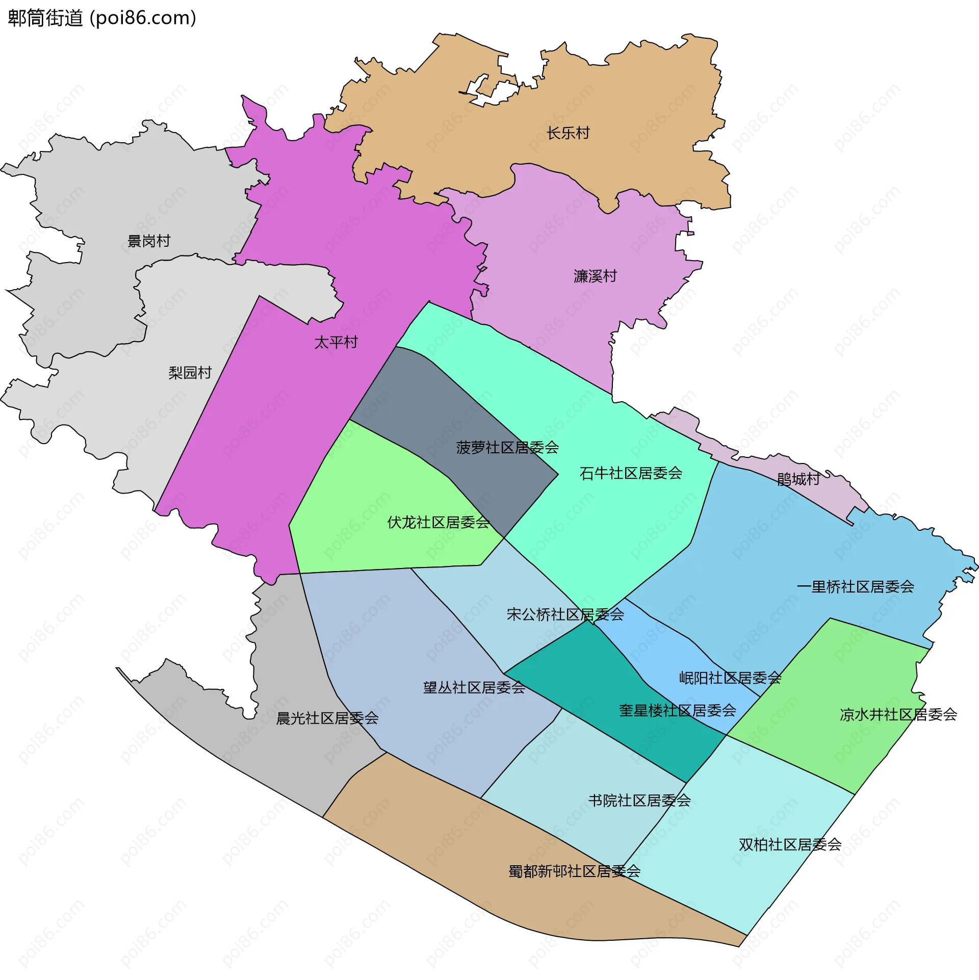 郫筒街道边界地图(五级行政区划)