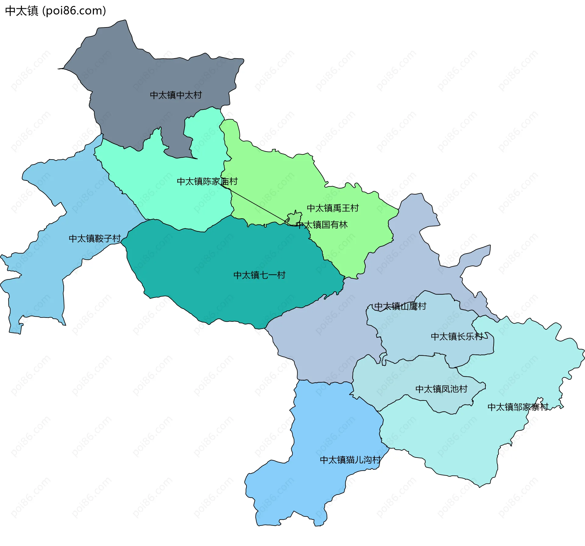 中太镇边界地图(五级行政区划)