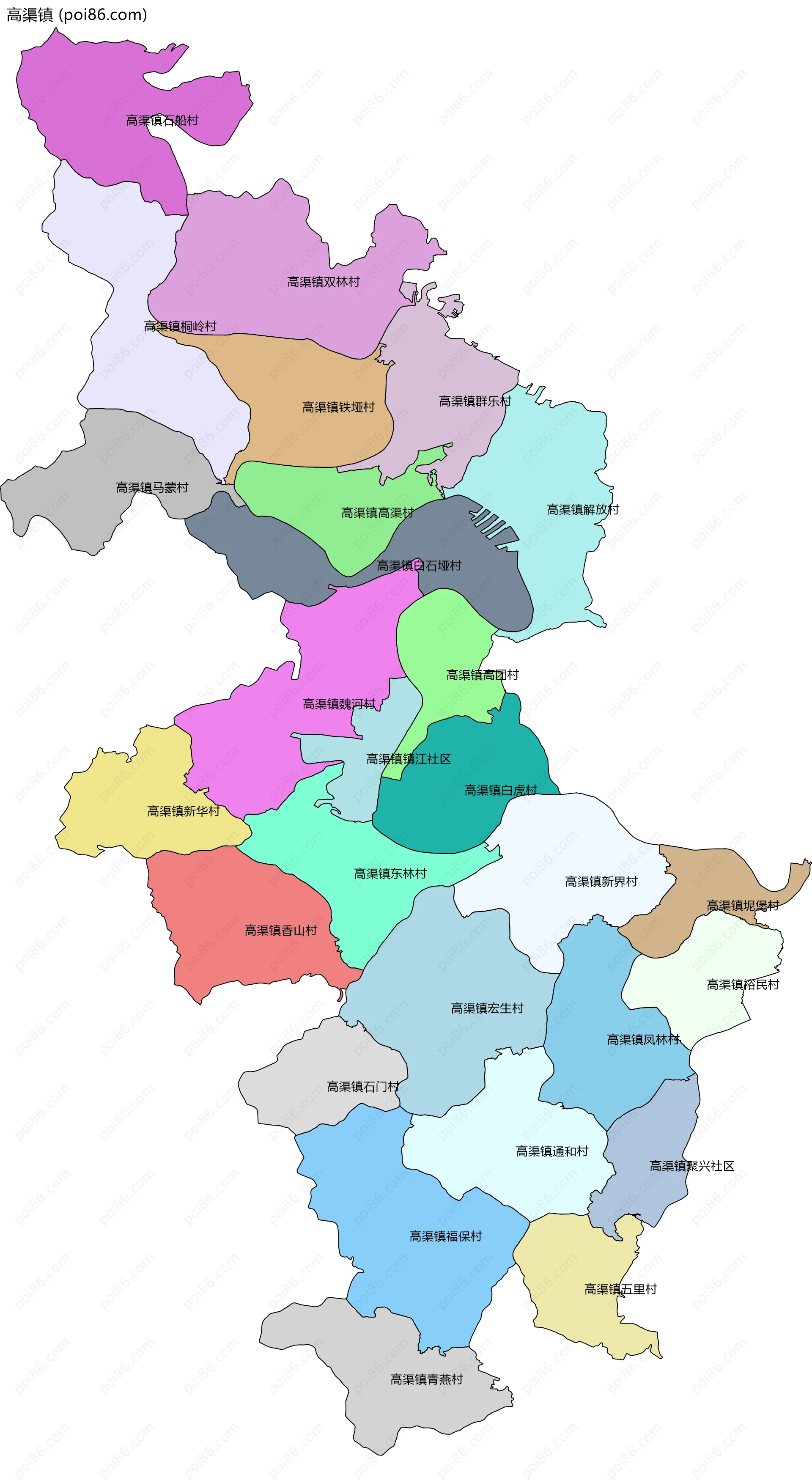 高渠镇边界地图(五级行政区划)