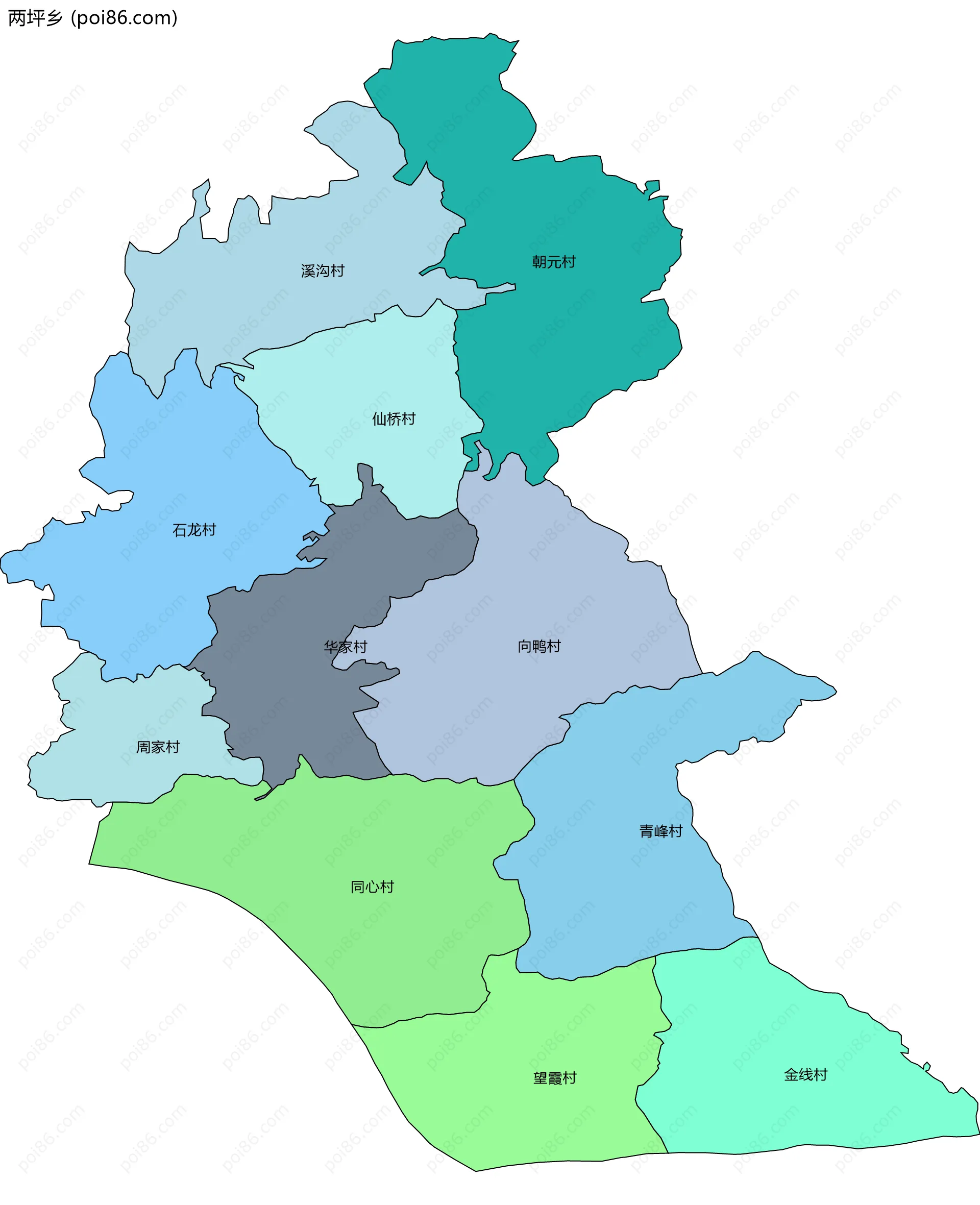 两坪乡边界地图(五级行政区划)